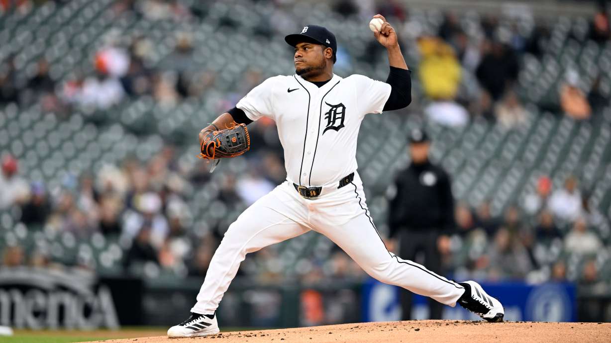 Detroit Tigers starting pitcher Framber Valdez throws during the first inning of a baseball game against the Boston Red Sox, Tuesday, May 5, 2026, in Detroit.