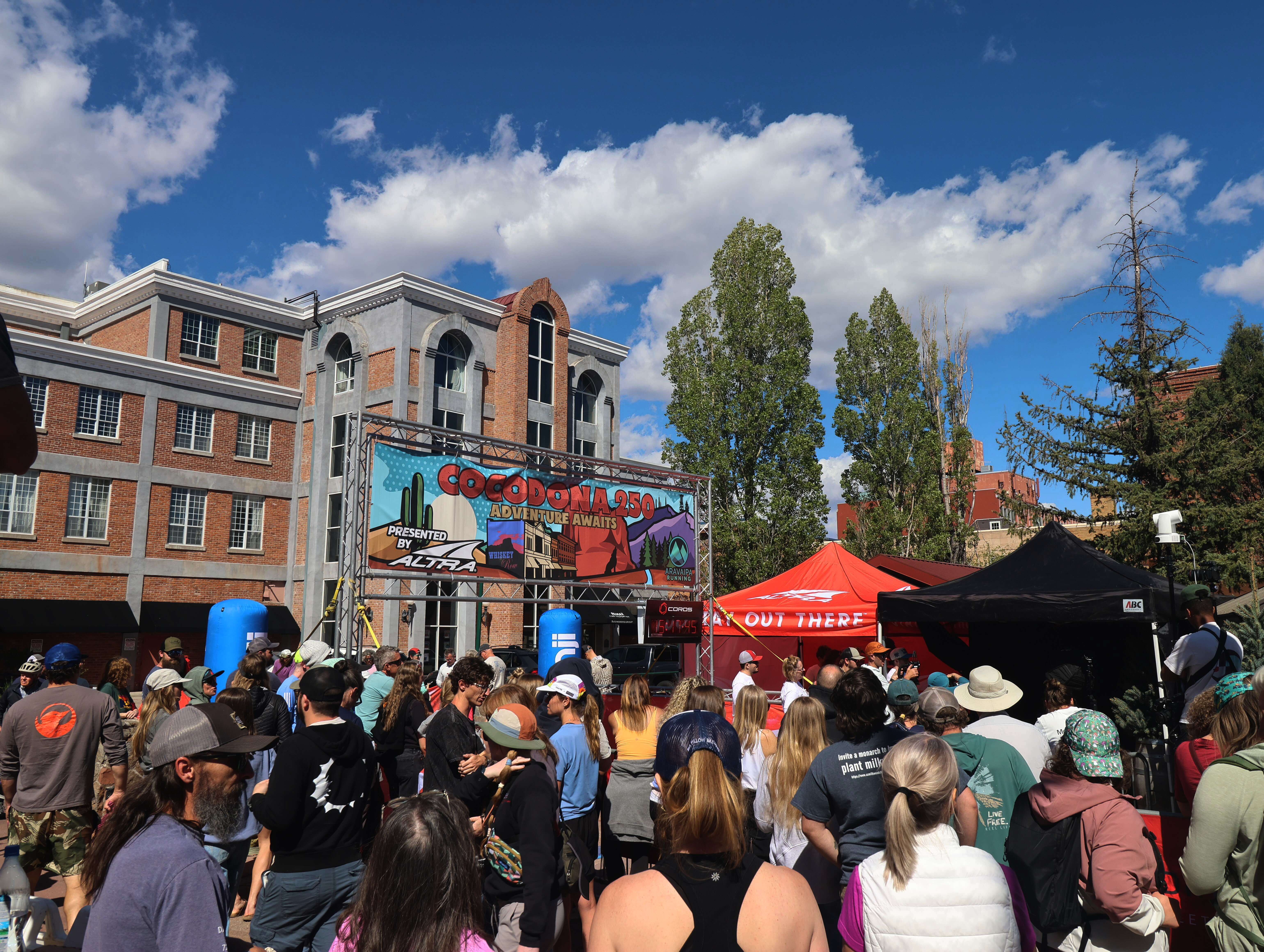 A crowd gathers to watch runners finish the Cocodona 250 ultramarathon in downtown Flagstaff, Ariz., on Wednesday, May 6, 2026. 