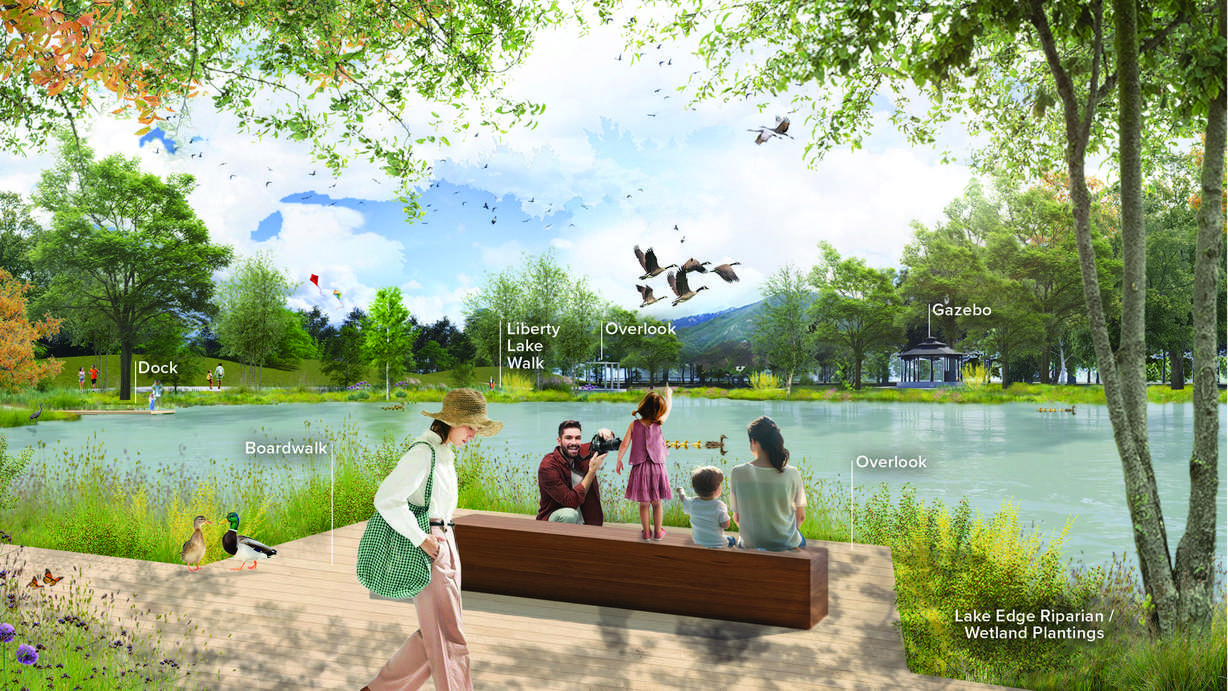 A rendering of a proposed boardwalk to the western end of the Liberty Park pond.