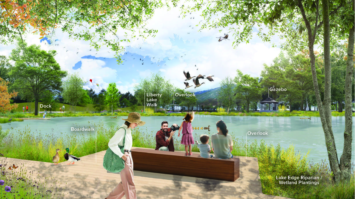 A rendering of a proposed boardwalk to the western end of the Liberty Park pond. Implementing the full vision plan could cost upwards of $41 million across more than a decade, Salt Lake City Public Lands staff said on Tuesday.