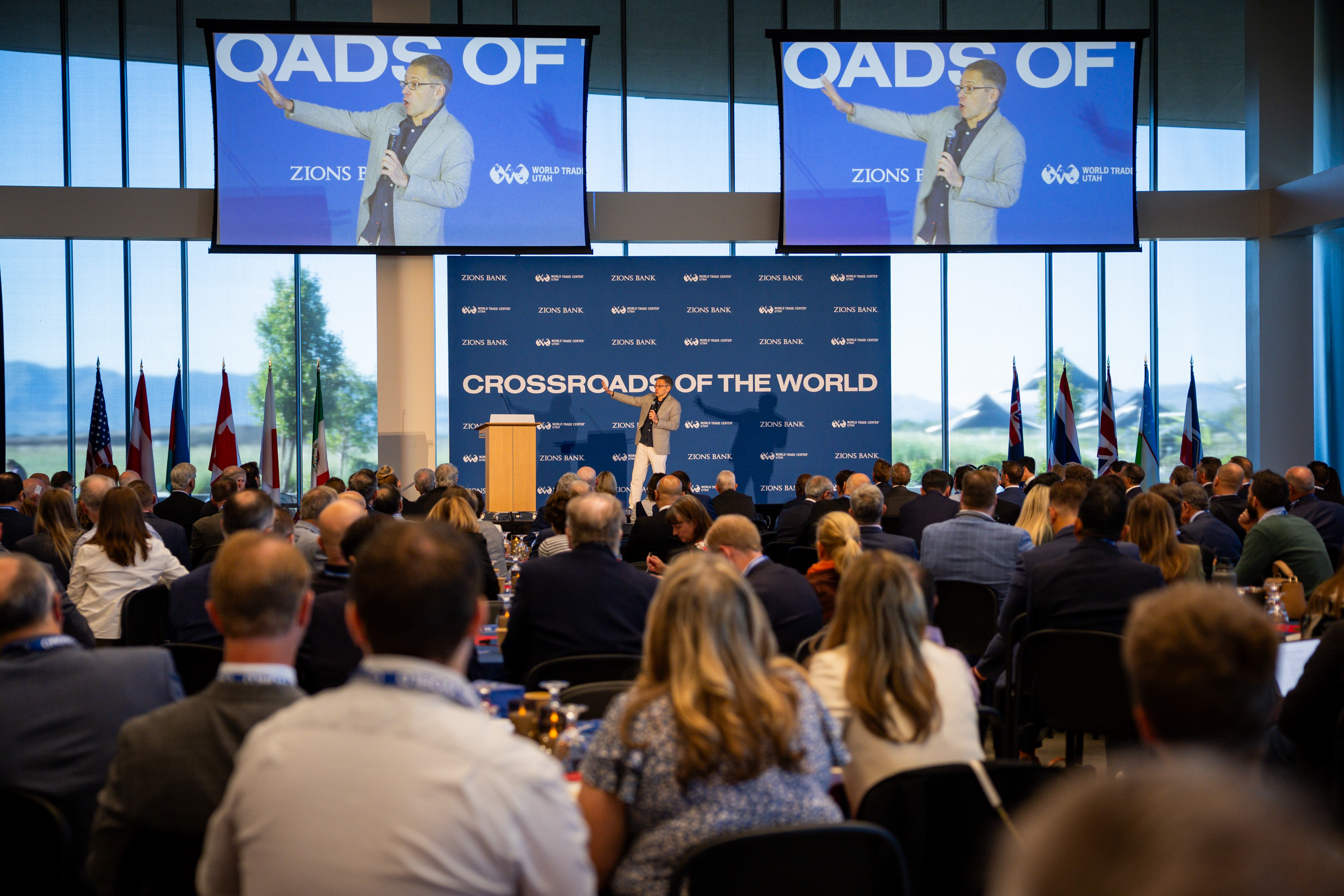 Ian Bremmer, president and founder of Eurasia Group and GZERO Media, speaks during the Crossroads of the World International Trade Summit at Zions Bancorporation’s Midvale Technology Center on Wednesday. Bremmer offered his views on a world he characterized as "so fraught, so volatile and so uncertain."