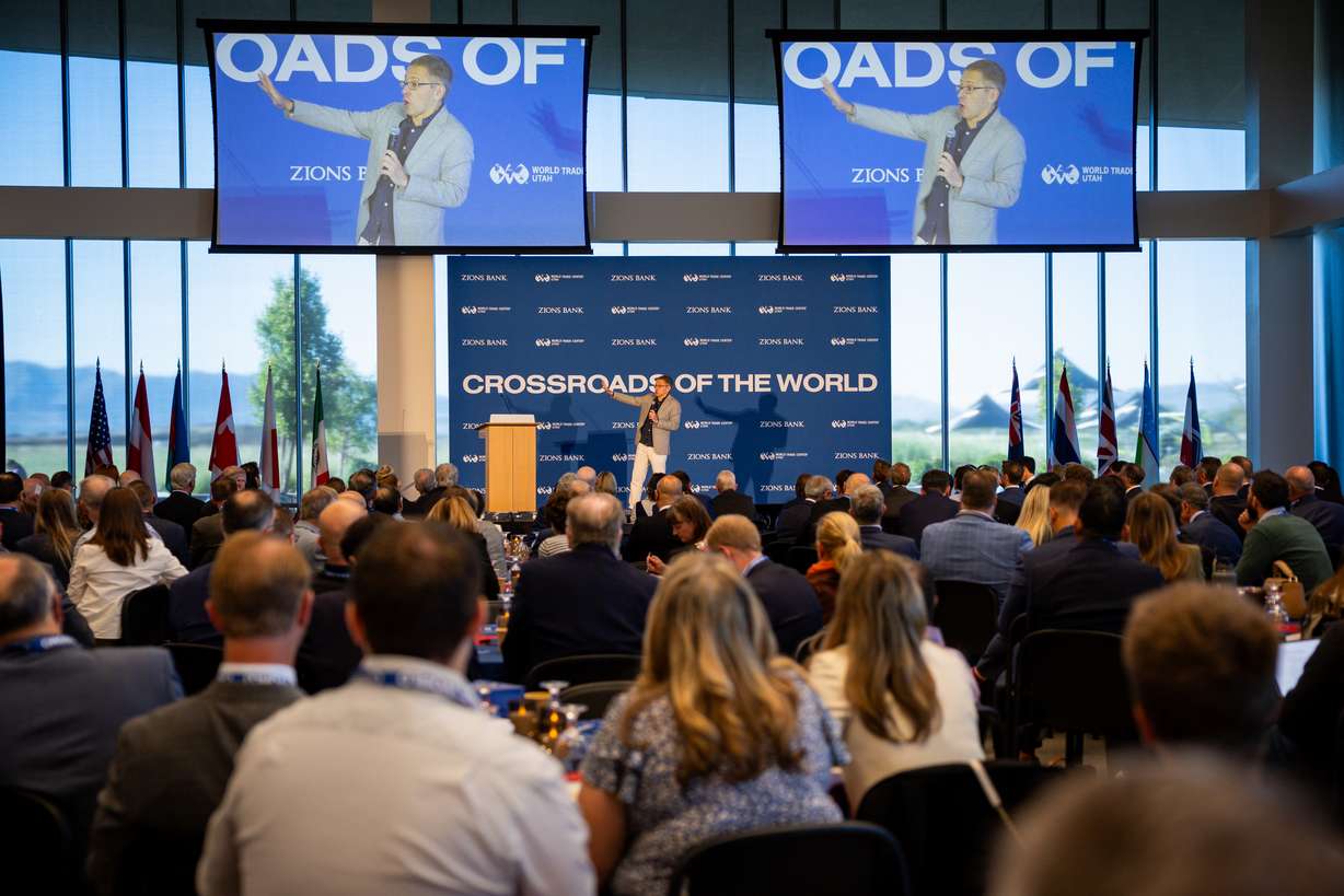 Ian Bremmer, president and founder of Eurasia Group and GZERO Media, speaks during the Crossroads of the World International Trade Summit at Zions Bancorporation’s Midvale Technology Center on Wednesday. Bremmer offered his views on a world he characterized as "so fraught, so volatile and so uncertain."