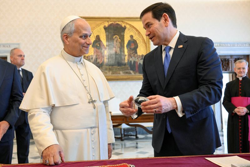 Pope Leo XIV meets Secretary of State Marco Rubio at the Vatican, Thursday.