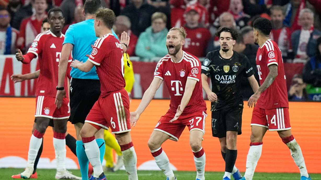 Bayern's Konrad Laimer gestures during the Champions League semifinal second leg soccer match between Bayern Munich and Paris Saint Germain in Munich, Germany, Wednesday, May 6, 2026.