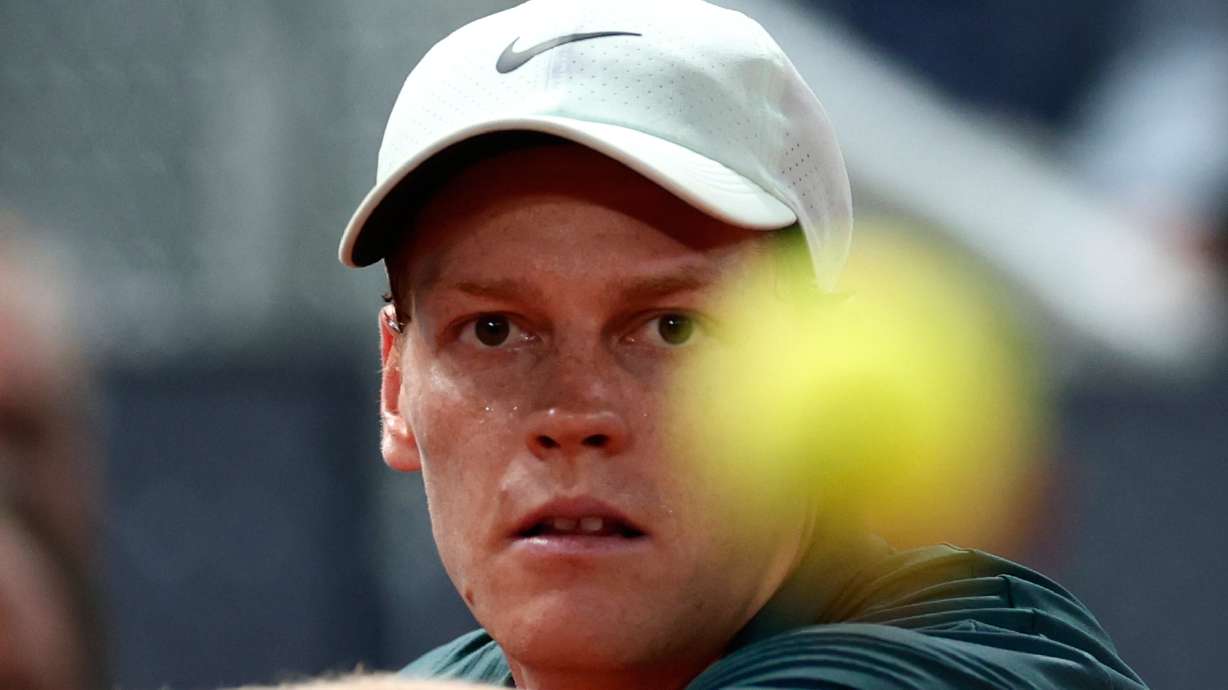 Jannik Sinner of Italy returns the ball to Rafael Jodar of Spain during the Madrid Open tennis tournament in Madrid, Wednesday, April 29, 2026.