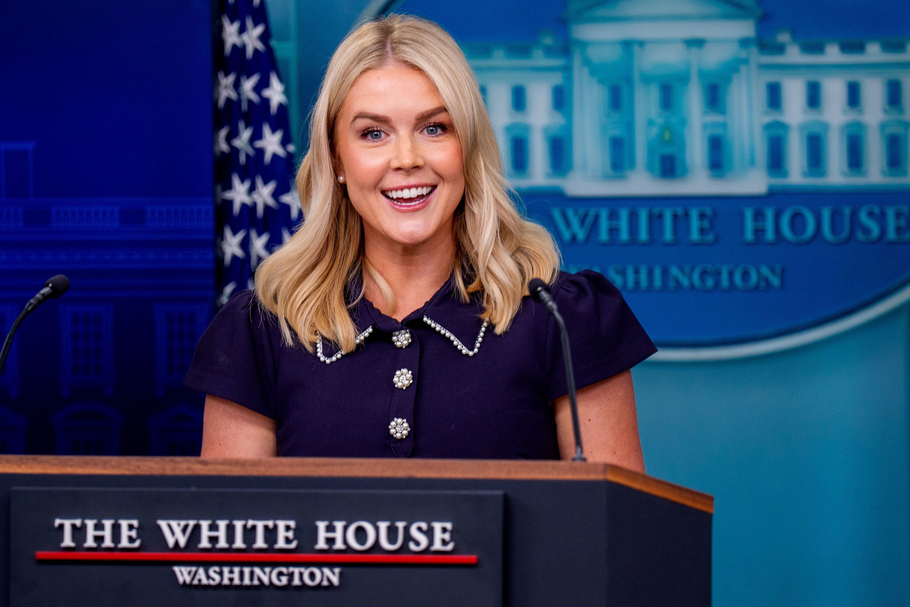 White House press secretary Karoline Leavitt at the White House in August. Leavitt on May 7 announced the birth of her daughter Viviana, saying she is “perfect and healthy.”
