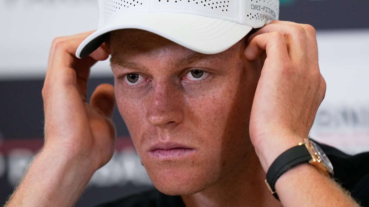 Jannik Sinner, of Italy, listens to a reporters' question during a press conference at the Italian Open at the Foro Italico in Rome, Thursday, May 7, 2026.
