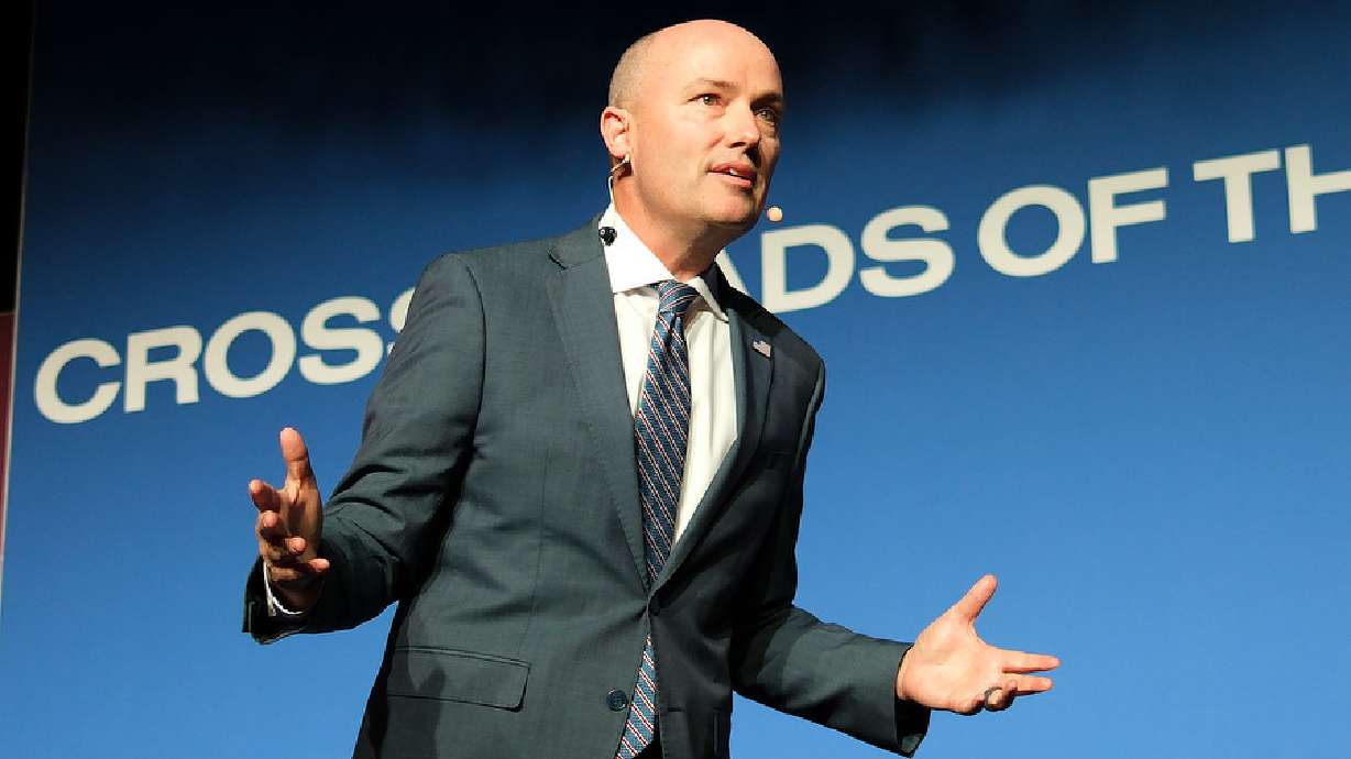 Gov. Spencer Cox at Crossroads of the World International Trade Summit at The Grand America Hotel in Salt Lake City on May 7. Cox said he wants to prioritize researching and investing in quantum technology as a key part of Utah's tech industry.