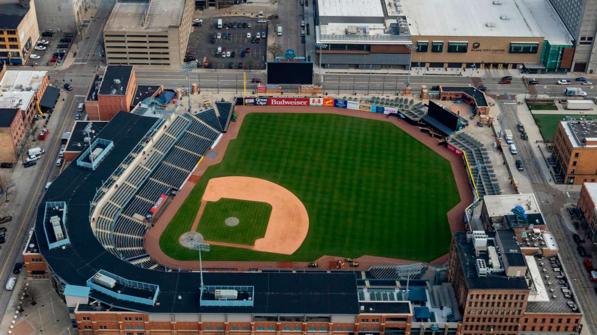 FILE - Ariel view of Fifth Third Field, home to the Toledo Mud Hens minor league baseball team, on March 13, 2024, in Toledo, Ohio.
