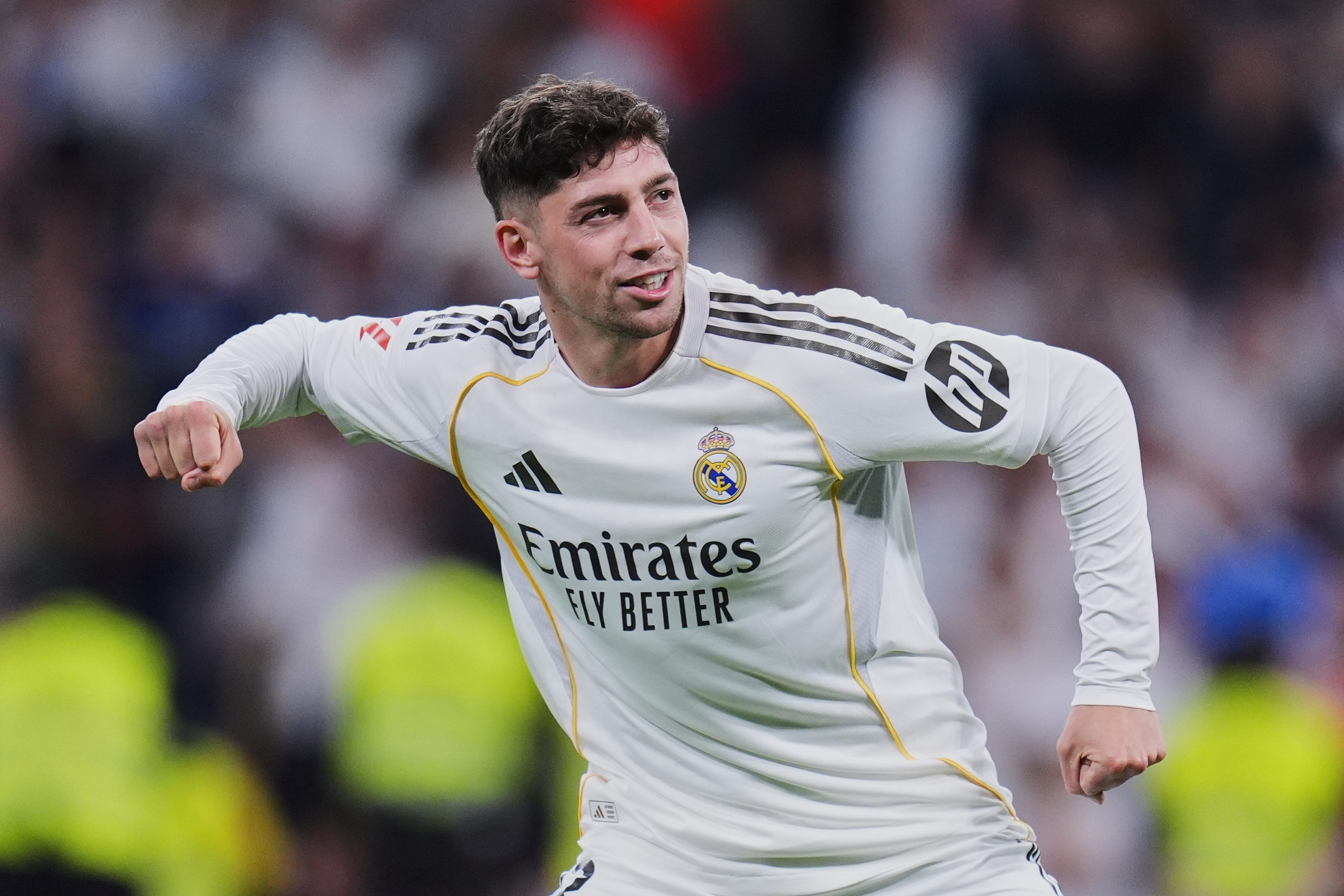 Real Madrid's Federico Valverde celebrates after scoring the opening goal during a Spanish La Liga soccer match between Real Madrid and Girona in Madrid, Spain, Friday, April 10, 2026. 