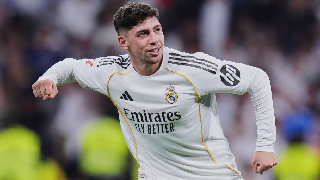 Real Madrid's Federico Valverde celebrates after scoring the opening goal during a Spanish La Liga soccer match between Real Madrid and Girona in Madrid, Spain, Friday, April 10, 2026.