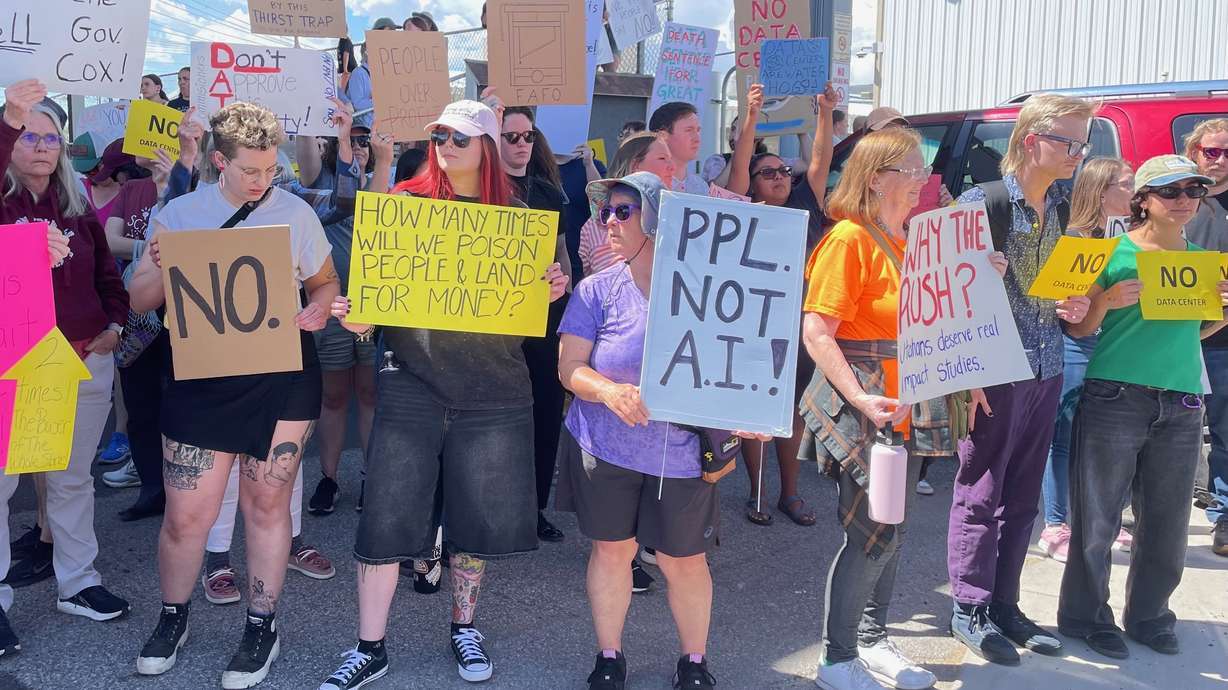 Hundreds of people demonstrate in Tremonton Monday against a large data center proposal. A water rights application was withdrawn for it, which compromises over 3,800 letters filed in protest against the application.