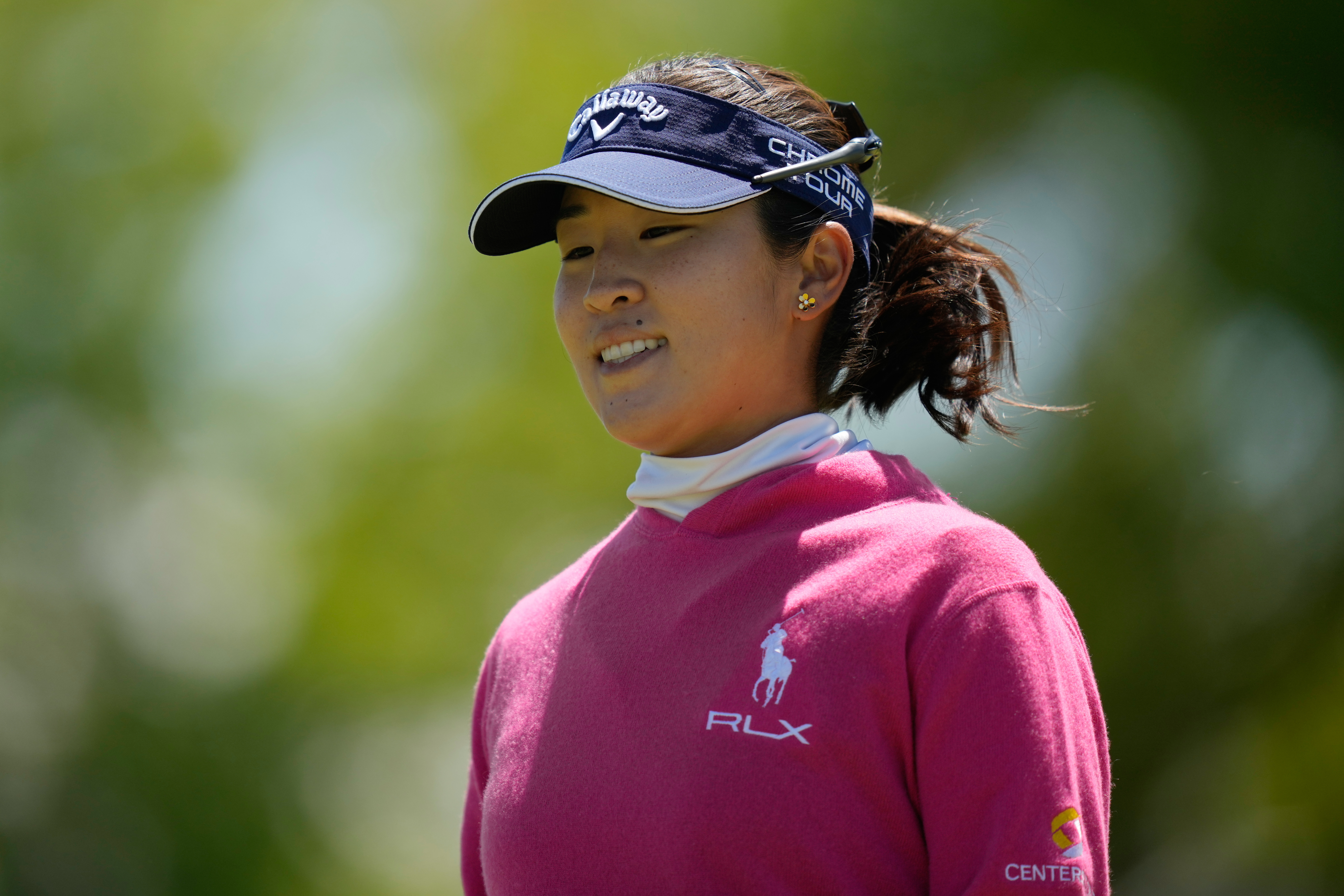 Andrea Lee reacts after sinking her putt on the ninth green during the first round of the Mizuho Americas Open LPGA golf tournament, Thursday, May 7, 2026, in West Caldwell, N.J. 