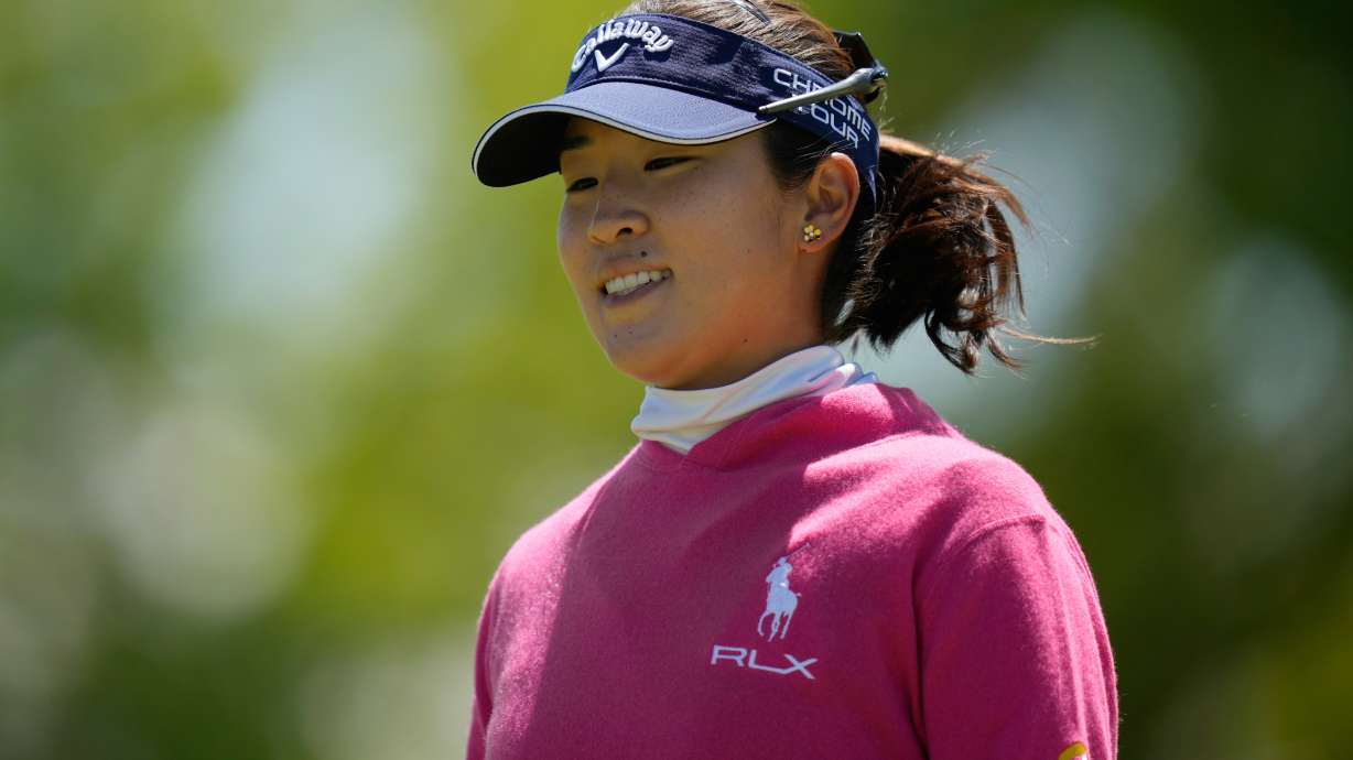 Andrea Lee reacts after sinking her putt on the ninth green during the first round of the Mizuho Americas Open LPGA golf tournament, Thursday, May 7, 2026, in West Caldwell, N.J.