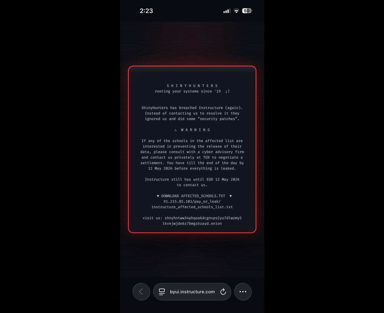 A ShinyHunters hacker message is shown on Thursday as someone tries to use the online learning platform Canvas, which was experiencing a major cybersecurity breach.