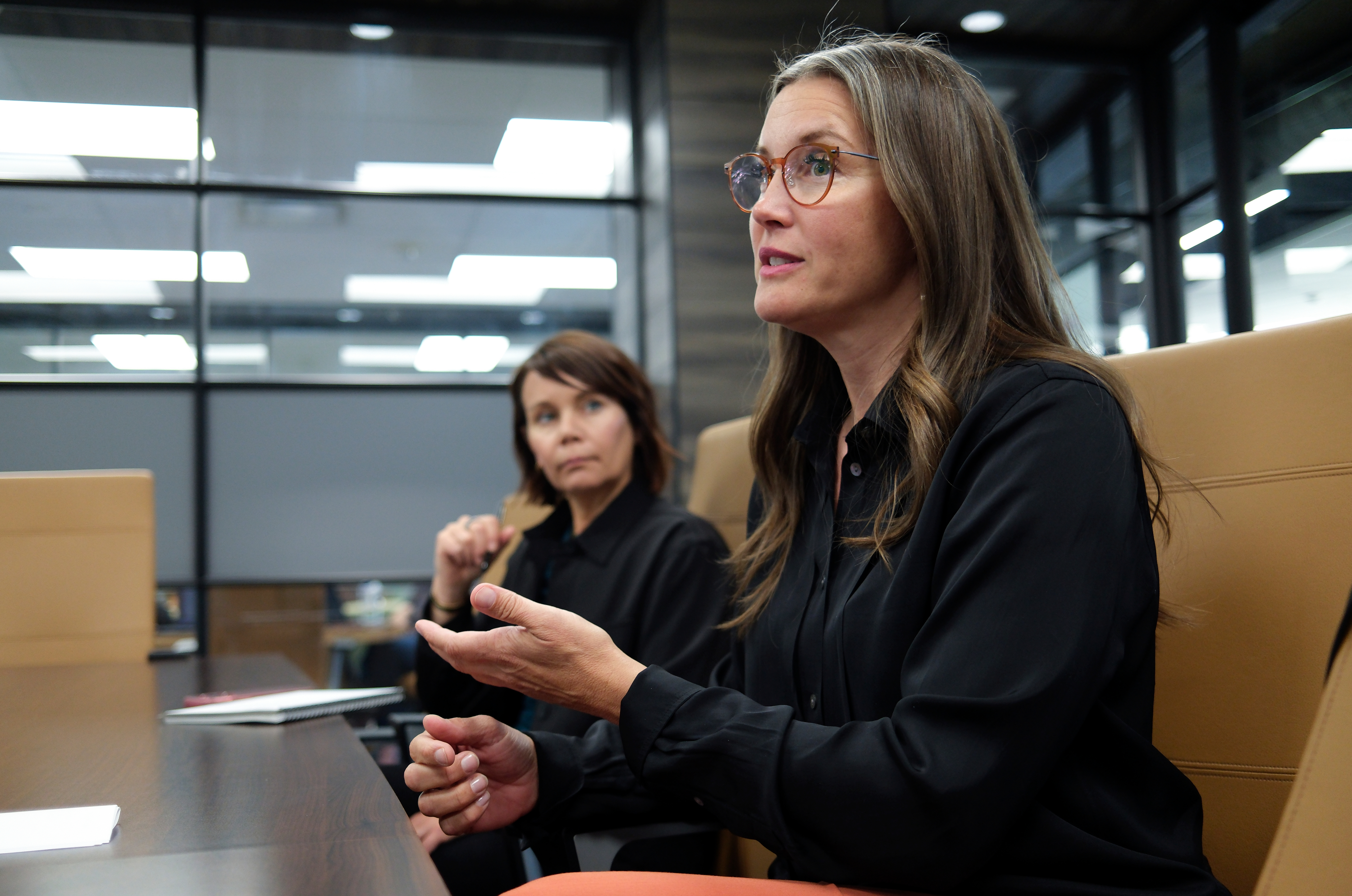 Salt Lake City Mayor Erin Mendenhall talks with the KSL and Deseret News Editorial Board at the Triad Center in Salt Lake City on Wednesday. Rachel Otto, Mendenhall's chief of staff, sits next to her.