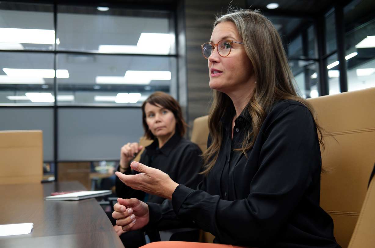 Salt Lake City Mayor Erin Mendenhall talks with the KSL and Deseret News Editorial Board at the Triad Center in Salt Lake City on Wednesday. Rachel Otto, Mendenhall's chief of staff, sits next to her.