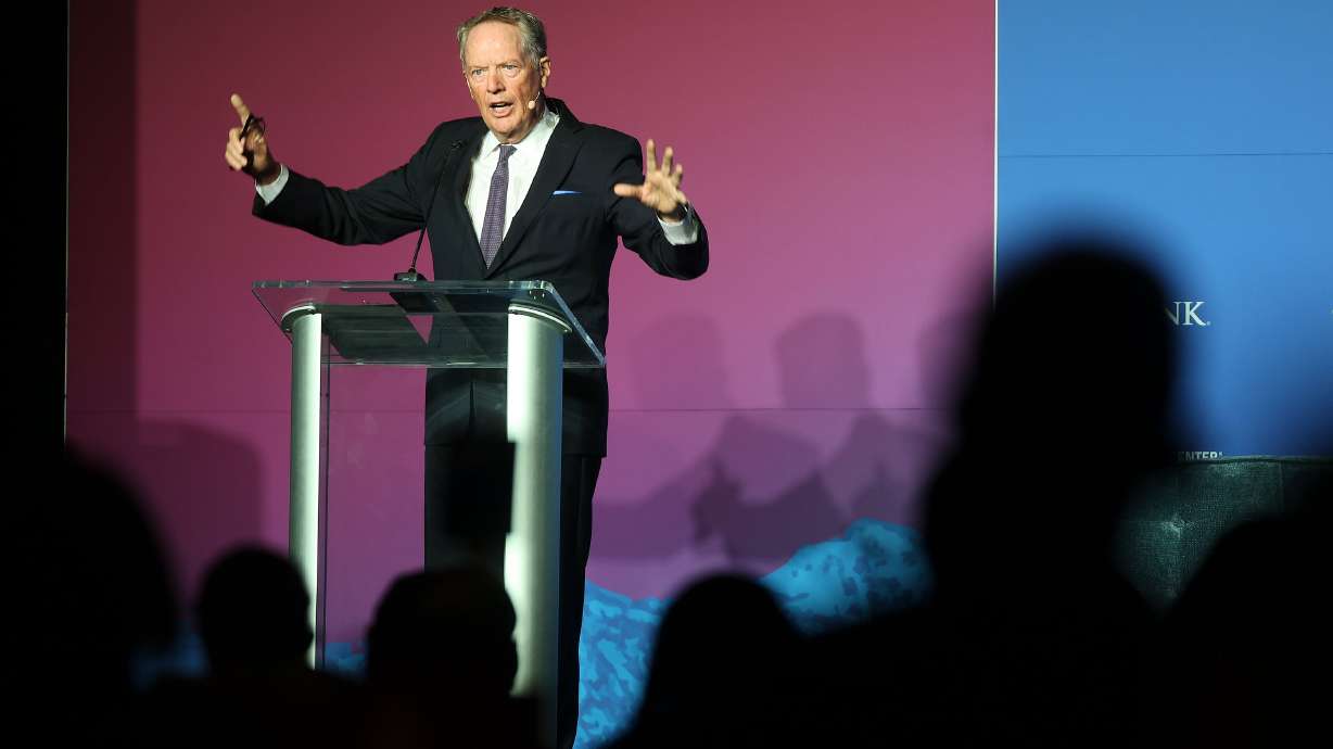 Robert Lighthizer, former U.S. trade representative, speaks at the Crossroads of the World International Trade Summit at Grand America on Thursday. Lighthizer called for an overhaul of the post-World War II trade system.