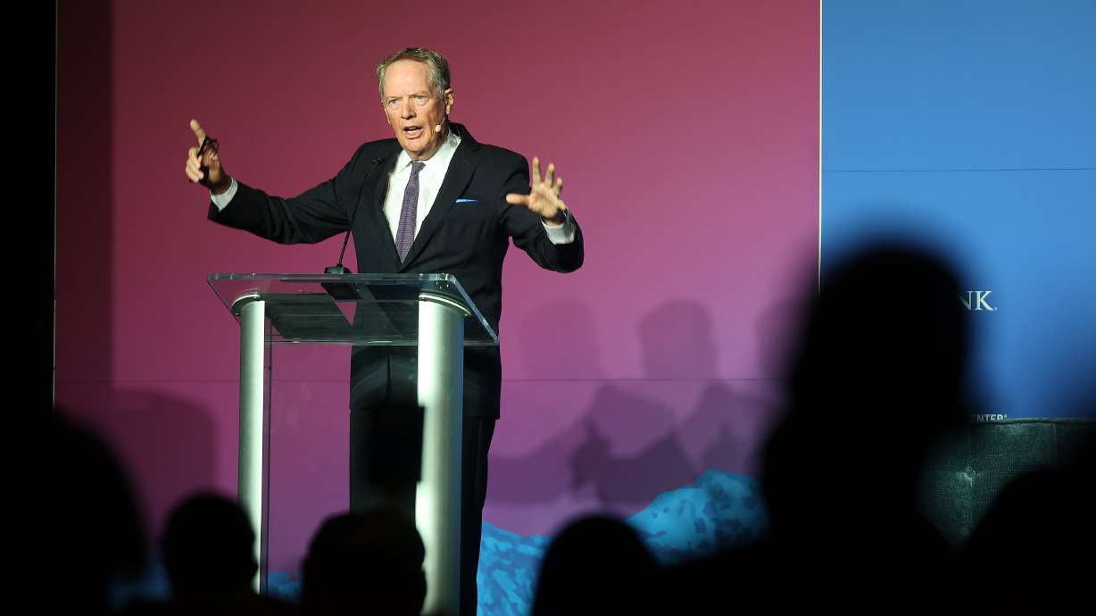 Robert Lighthizer, former U.S. trade representative, speaks at the Crossroads of the World International Trade Summit at Grand America on Thursday. Lighthizer called for an overhaul of the post-World War II trade system.