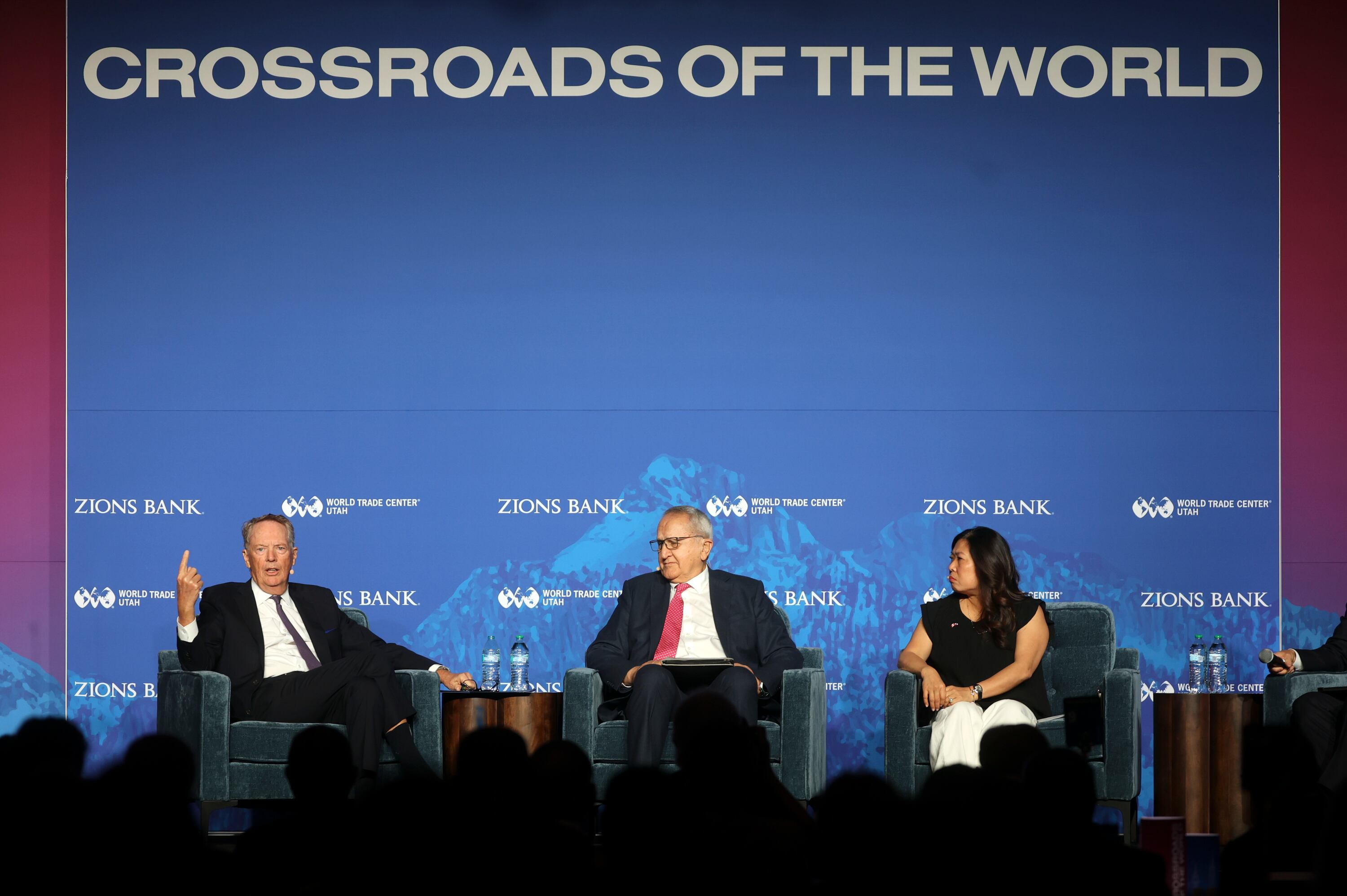 Robert Lighthizer, former U.S. trade representative, Jesús Seade, Mexico’s ambassador to China and former United States–Mexico–Canada Agreement chief negotiator, and Mary Ng, former Canadian minister of export promotion, international trade and economic development, discuss the USMCA at Crossroads of the World International Trade Summit at Grand America on Thursday. Lighthizer also criticized the current global trade system.