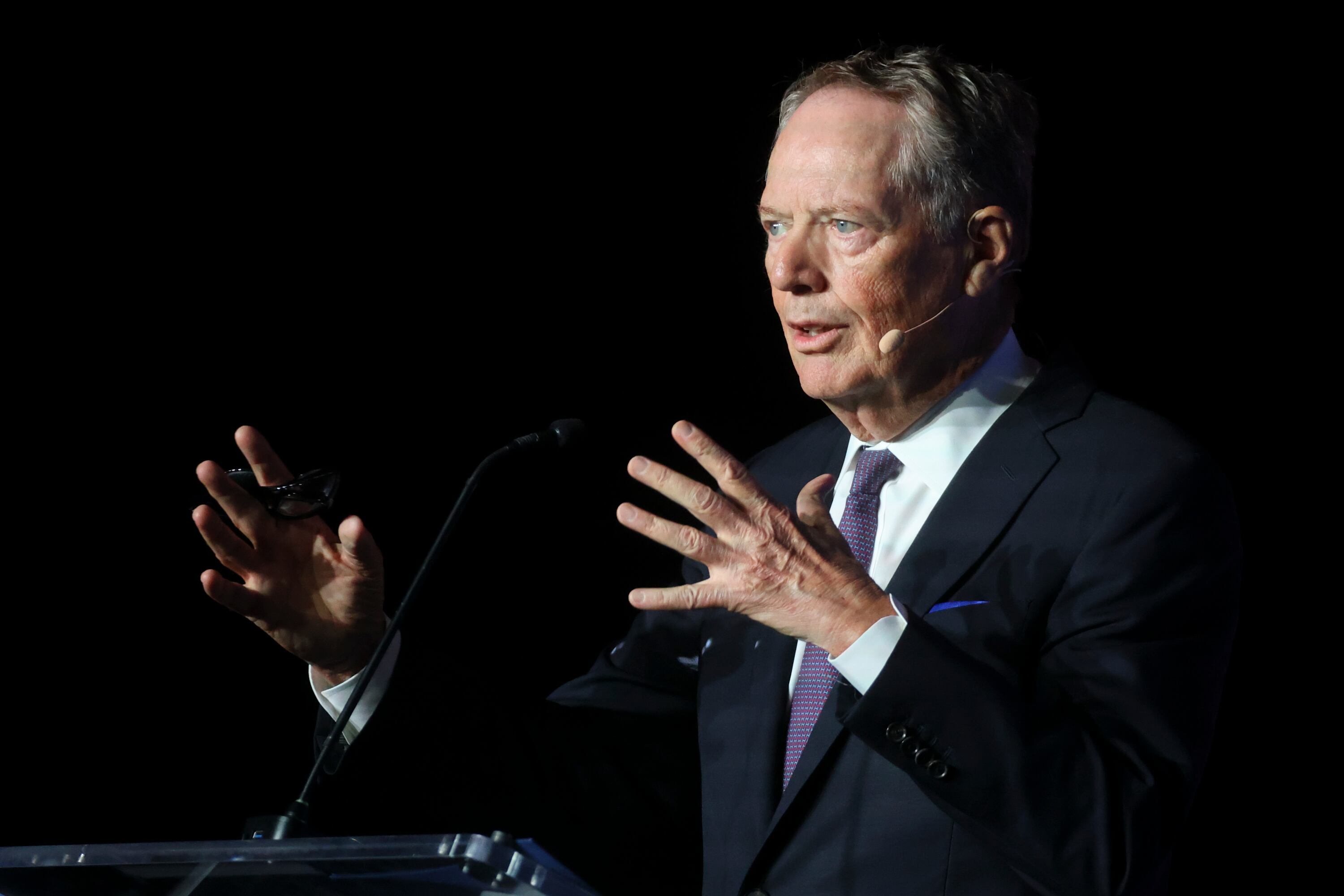 Robert Lighthizer, former rrade representative, speaks at Crossroads of the World International Trade Summit at Grand America on Thursday. Lighthizer proposed a new global trade system in his speech.