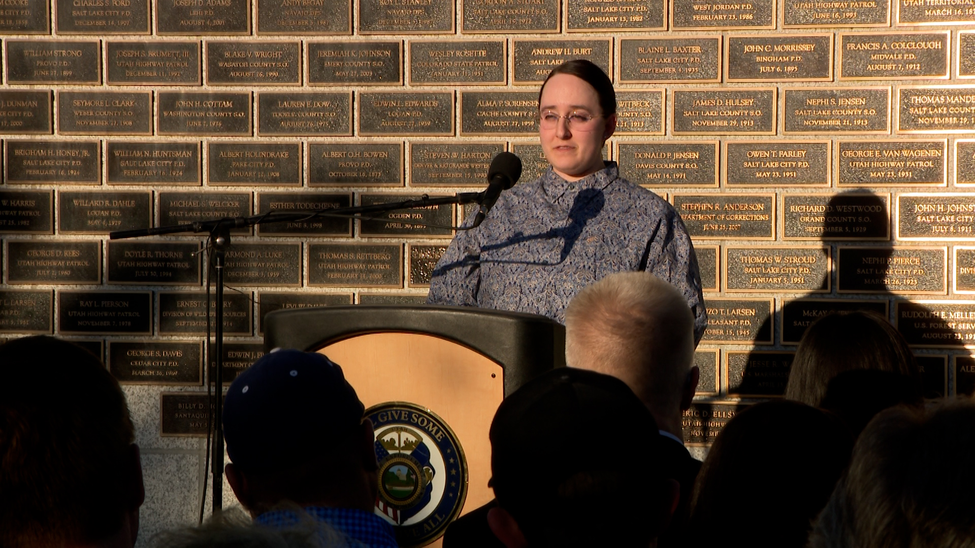 Lacee Sorensen speaks at the Utah Law Enforcement Memorial on Thursday. Her father, Sgt. Lee Sorensen, had his name added to the memorial.
