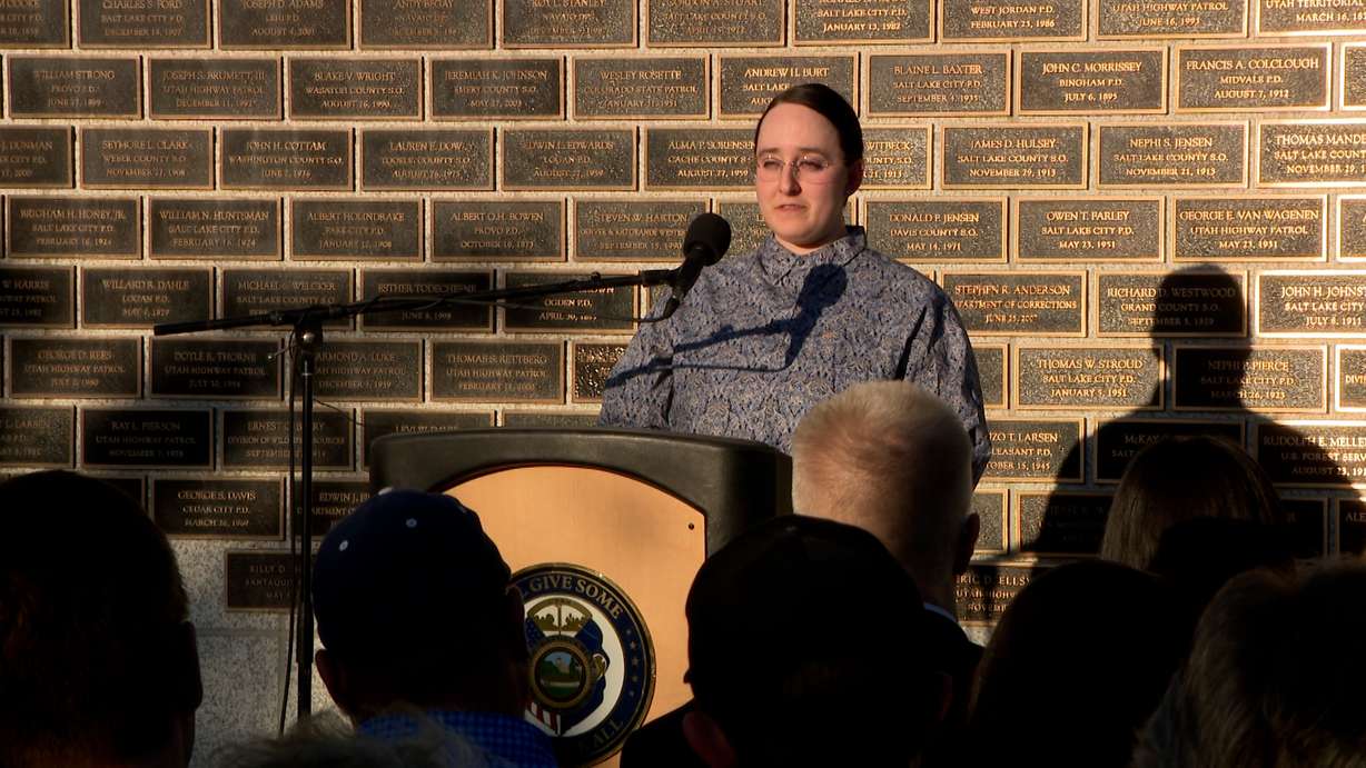 Lacee Sorensen speaks at the Utah Law Enforcement Memorial on Thursday. Her father, Sgt. Lee Sorensen, had his name added to the memorial.