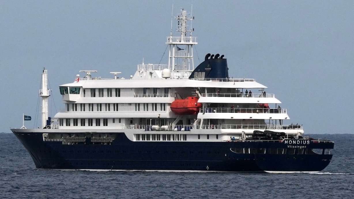 The MV Hondius cruise ship departs Praia, Cape Verde, Wednesday. Spanish authorities are preparing to receive more than 140 passengers and crew members on the hantavirus-stricken vessel on Sunday.