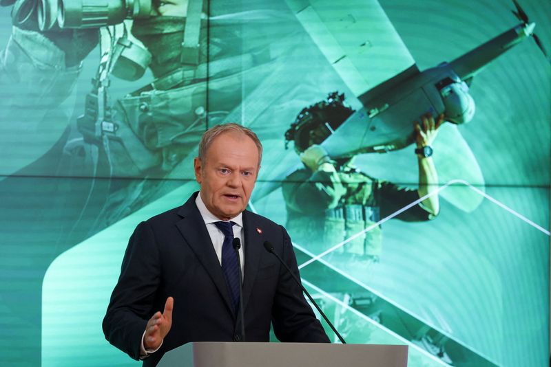 Polish Prime Minister Donald Tusk speaks after signing of the SAFE programm loan agreement, making it the first EU member state to sign the agreement, in Warsaw, May 8. Tusk said on Friday he was reassured a decision to not deploy U.S. troops would not affect the nation's security.