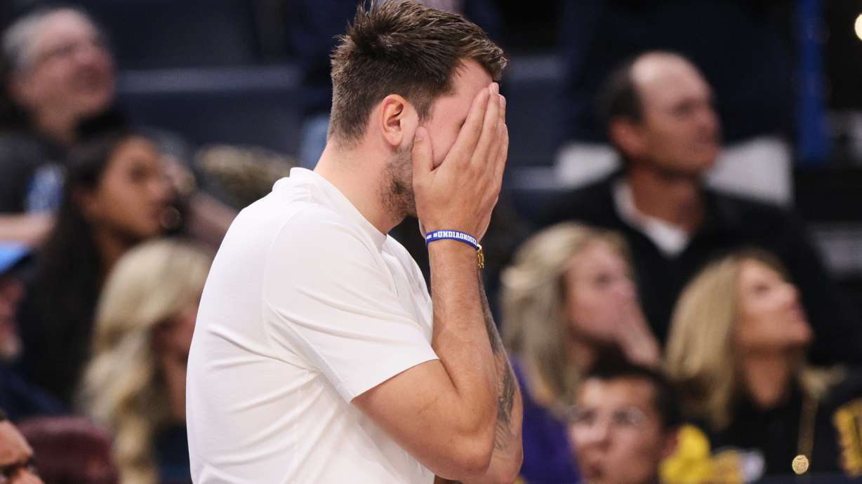 Los Angeles Lakers' Luka Doncic reacts to an officials call in the second half of Game 2 in a second-round NBA basketball playoffs series against the Oklahoma City Thunder Thursday, May 7, 2026, in Oklahoma City.