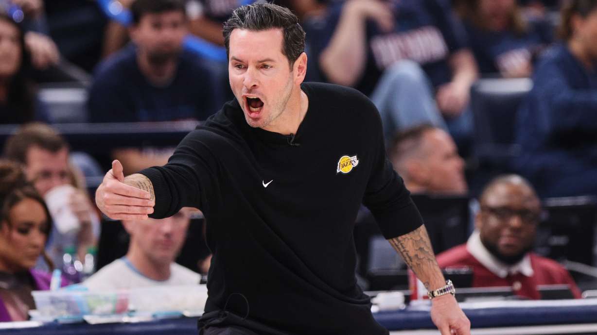 Los Angeles Lakers head coach JJ Redick reacts to play against the Oklahoma City Thunder in the second half of Game 2 in a second-round NBA basketball playoffs series Thursday, May 7, 2026, in Oklahoma City.