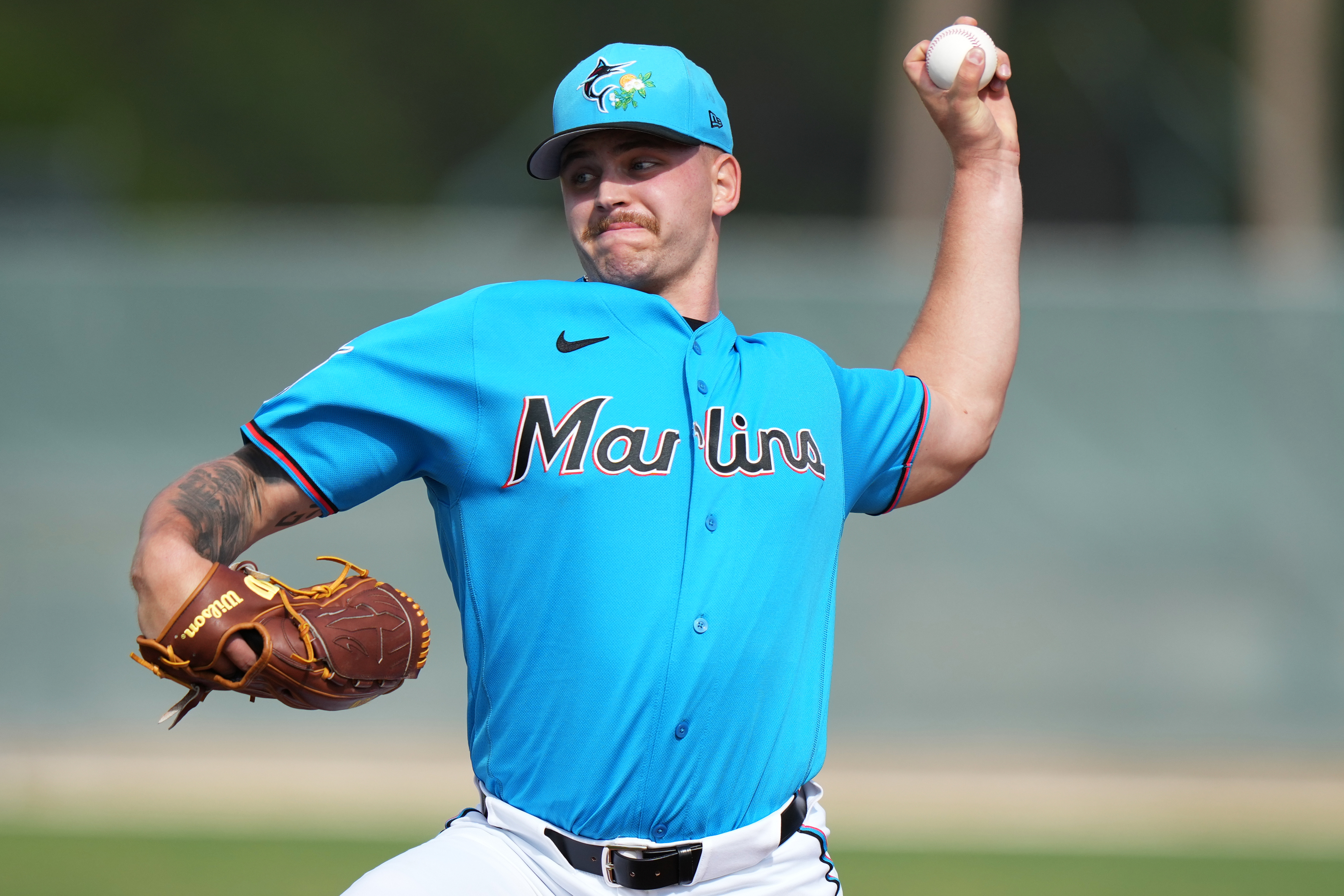 FILE - Miami Marlins pitcher Robby Snelling works out during spring training baseball, Feb. 15, 2026, in Jupiter, Fla.