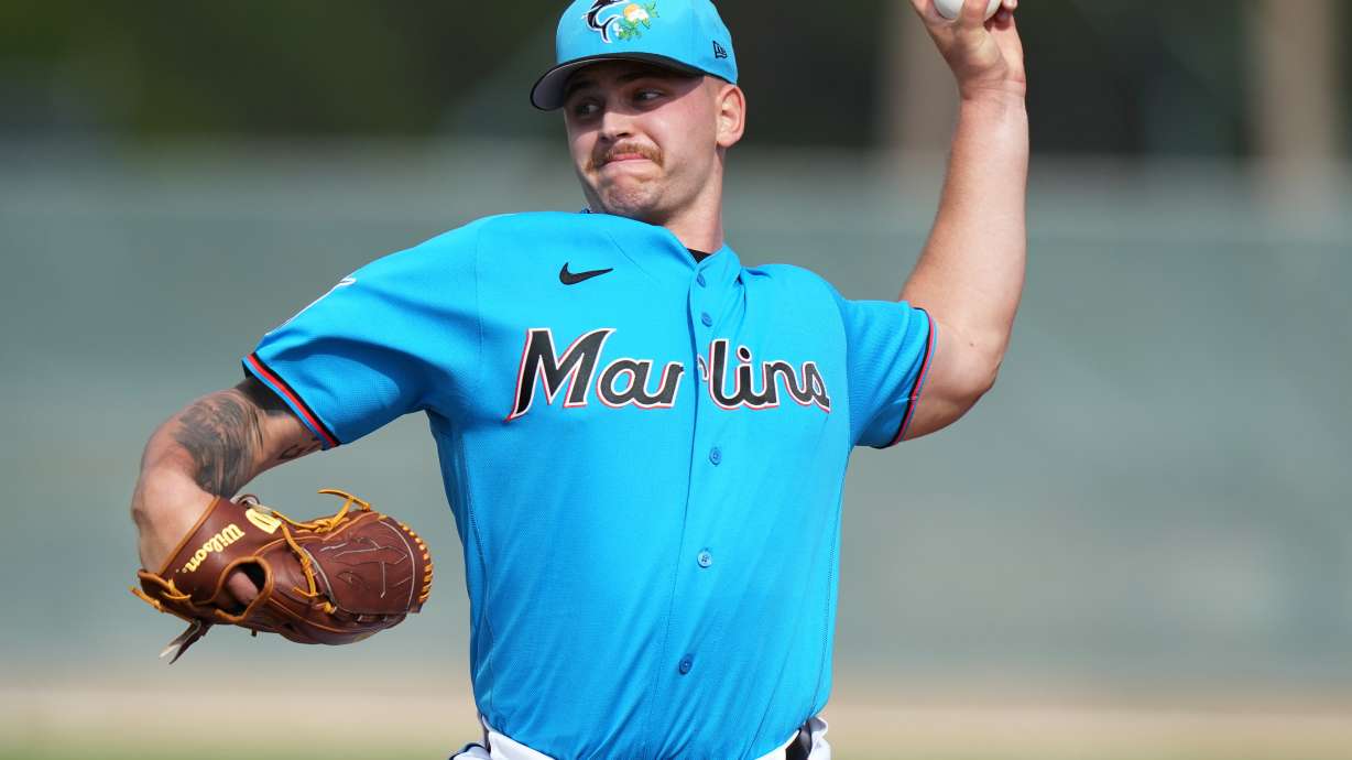 FILE - Miami Marlins pitcher Robby Snelling works out during spring training baseball, Feb. 15, 2026, in Jupiter, Fla.