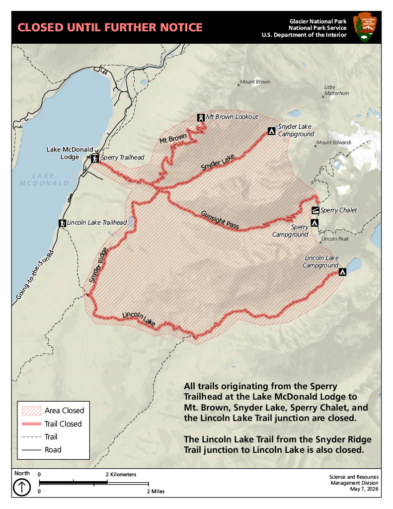 A map of Glacier National Park's closure area. The trails remain closed until further notice after a suspected fatal bear attack.