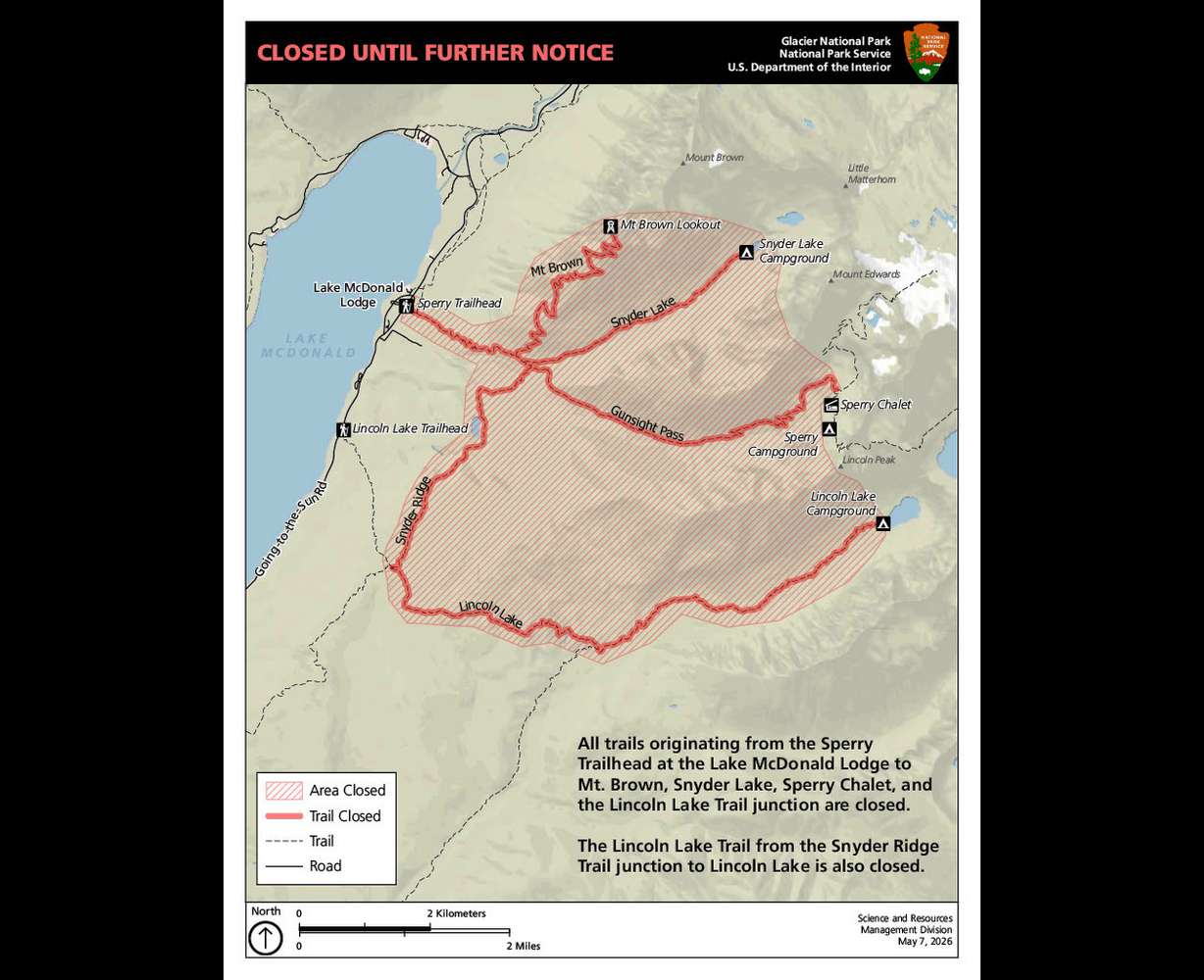 A map of Glacier National Park's closure area. The trails remain closed until further notice after a suspected fatal bear attack.