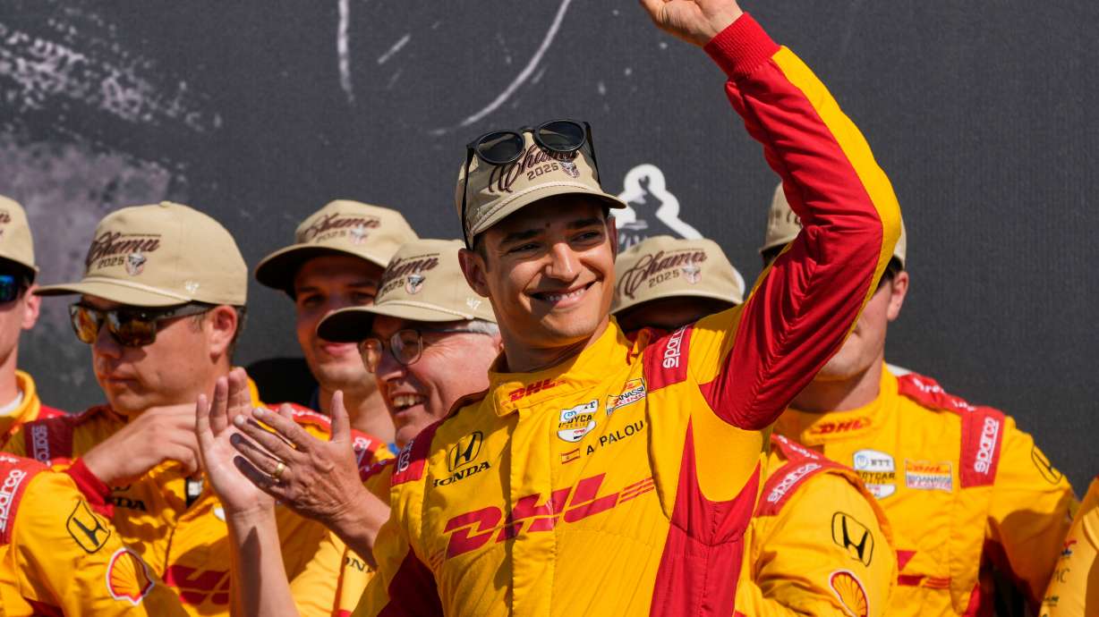 FILE - Alex Palou celebrates after winning the IndyCar championship Sunday, Aug. 31, 2025, at Nashville Superspeedway in Lebanon, Tenn.