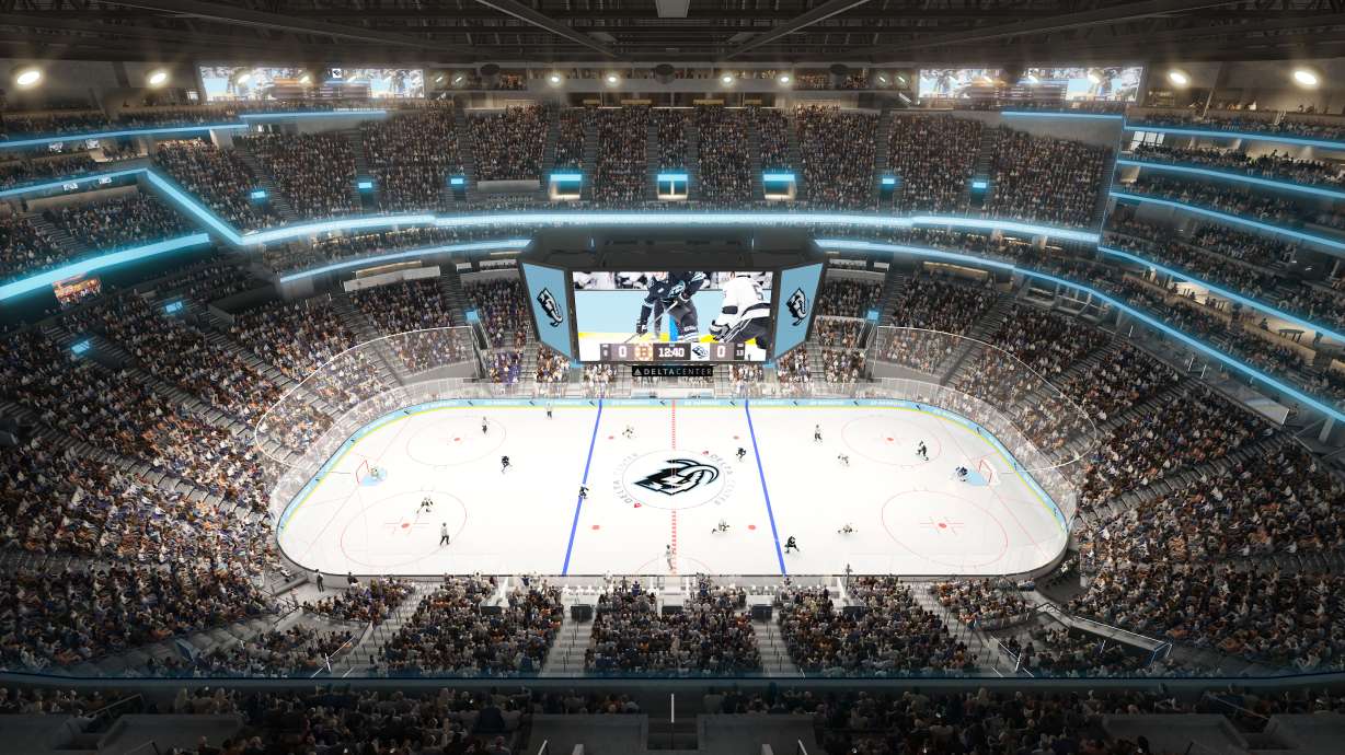 A rendering of the new upper bowls of the Delta Center. Construction of the northern end and other features is already underway, and the full redesign is to be completed next year.
