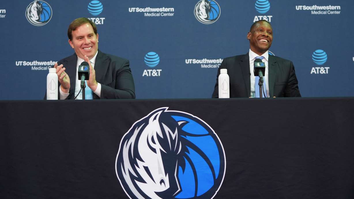 Dallas Mavericks' new team president Masai Ujiri, right, laughs as team governor Patrick Dumont claps during an introductory NBA basketball news conference in Dallas, Tuesday, May 5, 2026.