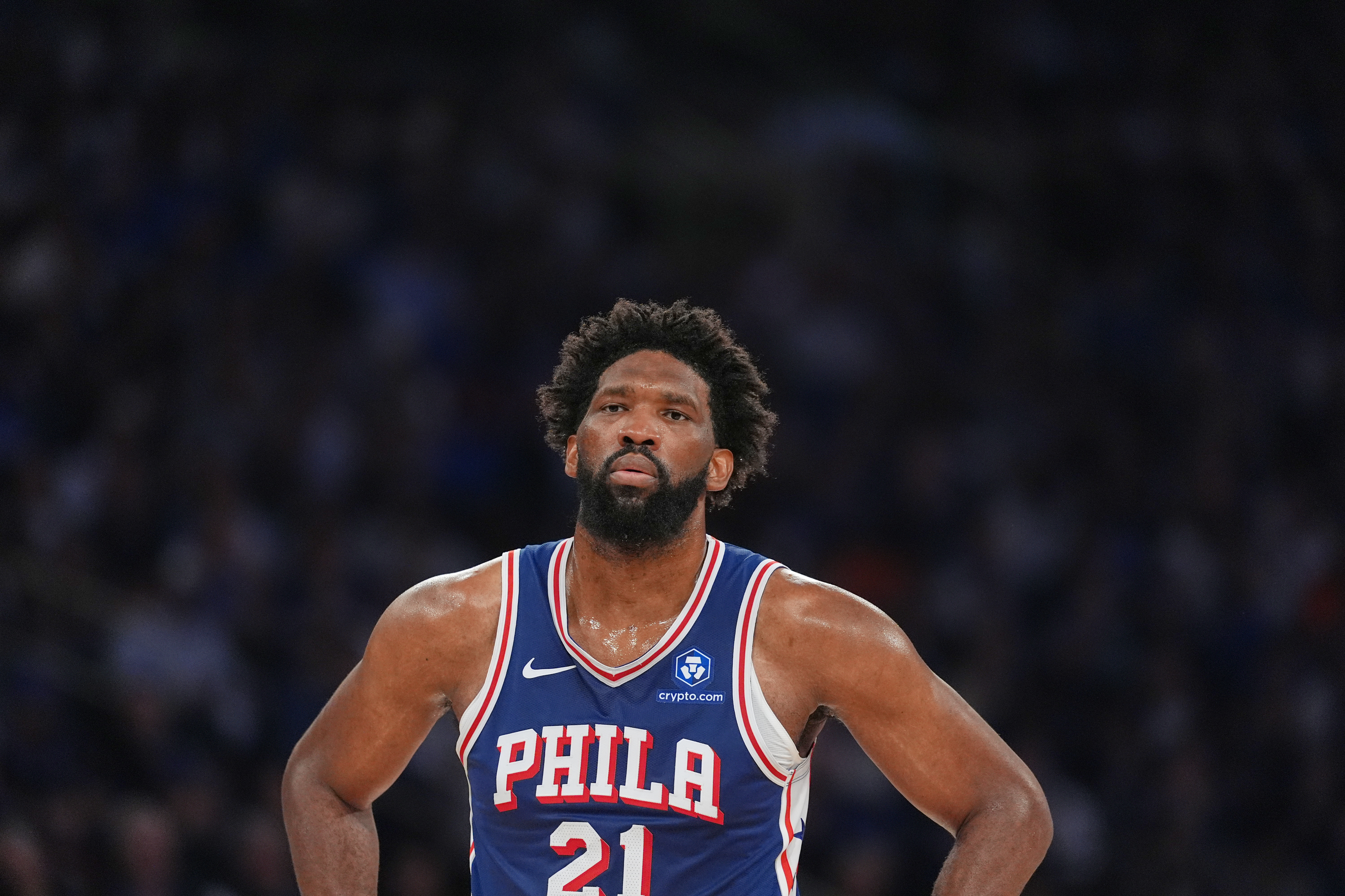 FILE - Philadelphia 76ers' Joel Embiid reacts during the first half of Game 1 in a second-round NBA basketball playoffs series against the New York Knicks Monday, May 4, 2026, in New York. 