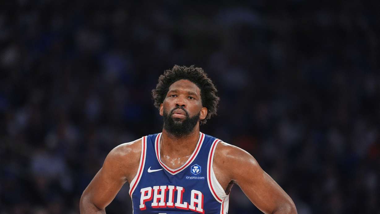 FILE - Philadelphia 76ers' Joel Embiid reacts during the first half of Game 1 in a second-round NBA basketball playoffs series against the New York Knicks Monday, May 4, 2026, in New York.