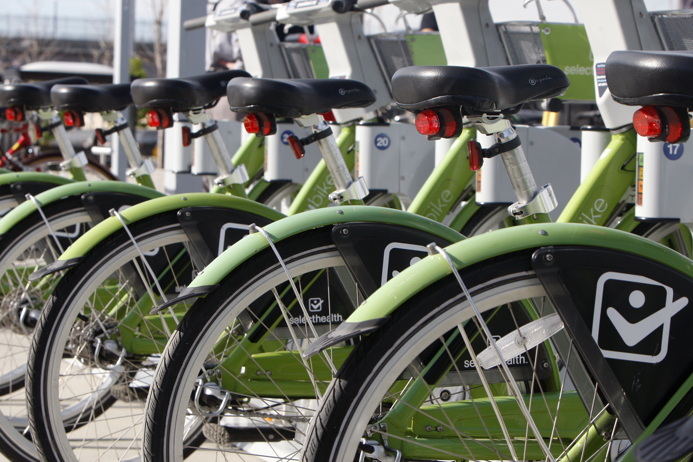 Greenbike bicycles are stacked at a station in Salt Lake City March 31, 2015.