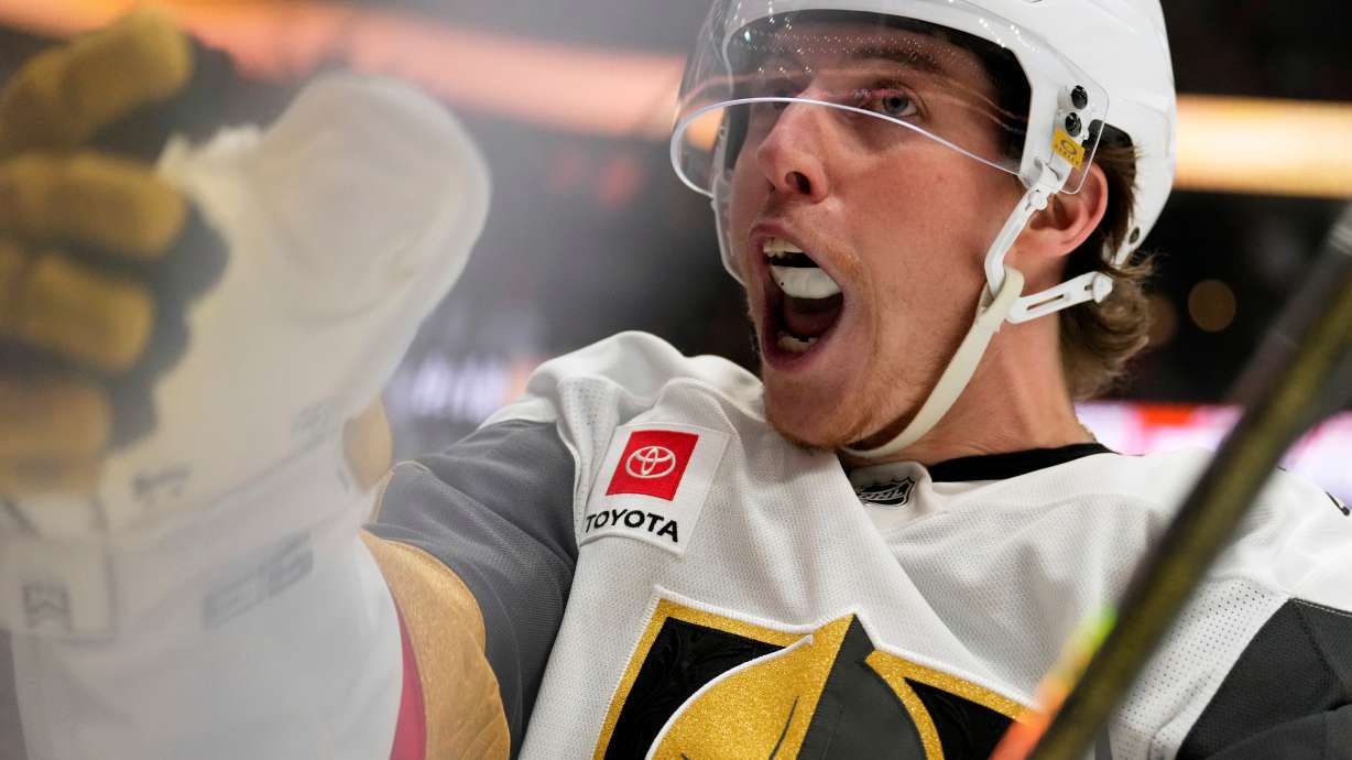 Vegas Golden Knights right wing Mitch Marner celebrates his goal during the second period in Game 3 of a second-round NHL hockey Stanley Cup playoff series against the Anaheim Ducks, Friday, May 8, 2026, in Anaheim, Calif.