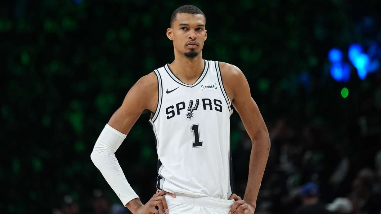 San Antonio Spurs forward Victor Wembanyama (1) waits for play to resume during the first half of Game 3 of a NBA basketball second-round playoff series against the Minnesota Timberwolves in Minneapolis, Friday, May 8, 2026.