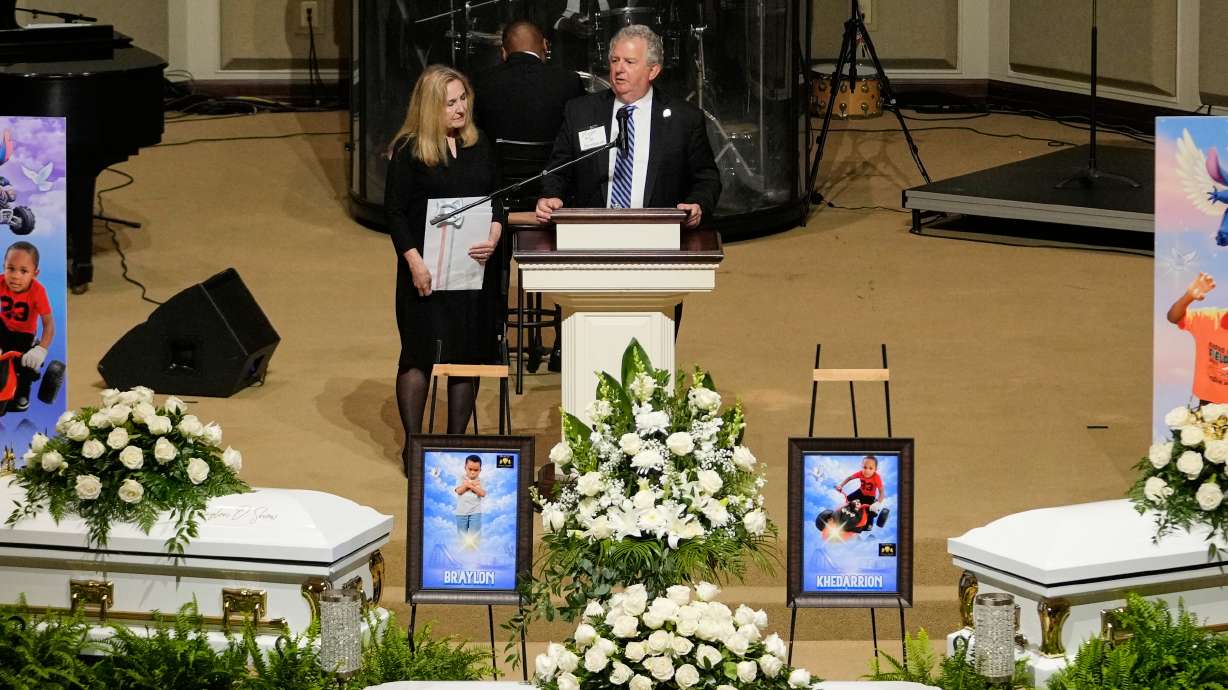 Shreveport Mayor Tom Arceneaux speaks during funeral services for eight children killed in a mass shooting last month, Saturday, in Shreveport, La. The victims were seven siblings shot by their father in an attack that also killed their cousin.