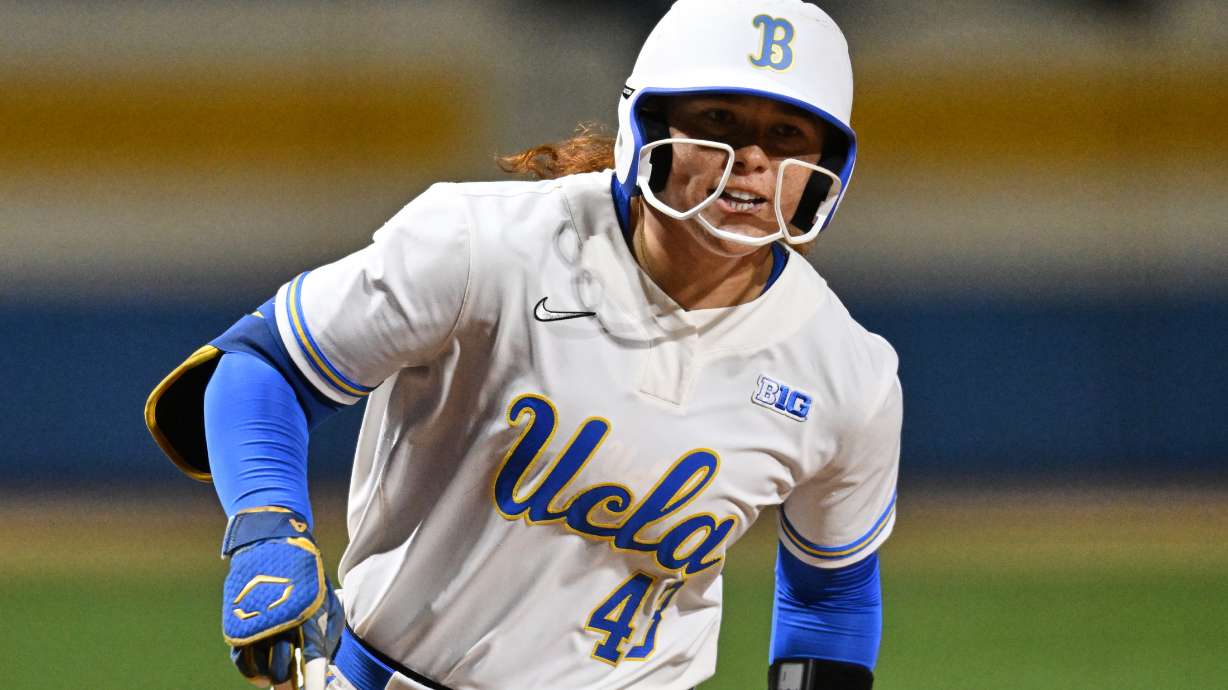 FILE - UCLAs' Megan Grant (43) runs the bases during an NCAA softball game on Friday, March 6, 2026, in Los Angeles.