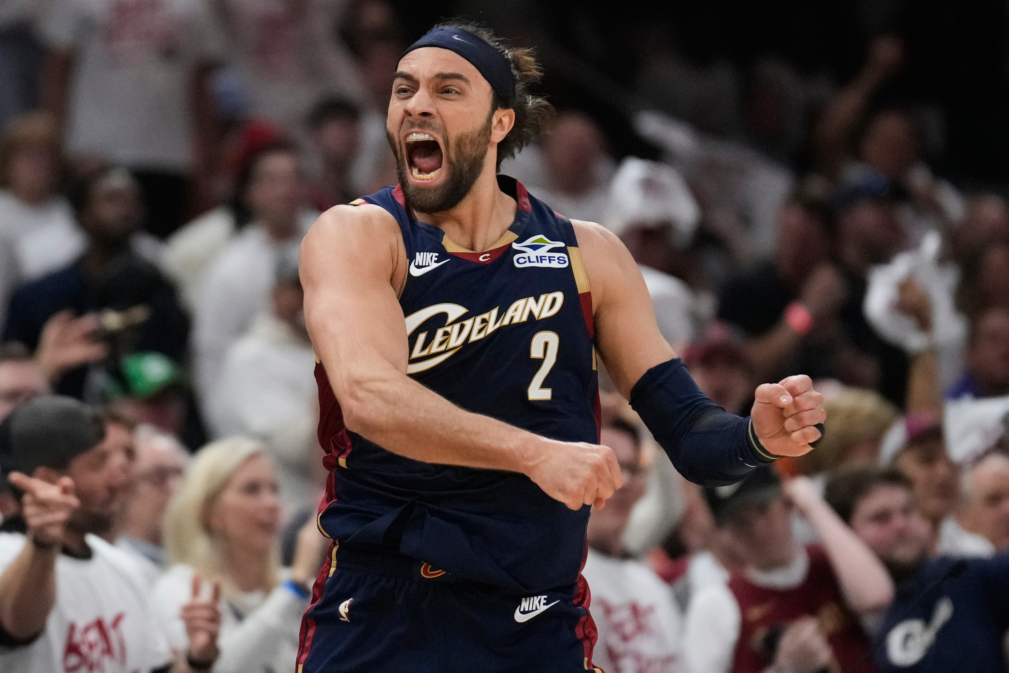 Cleveland Cavaliers guard Max Strus (2) celebrates a turnover by the Detroit Pistons in the first half of Game 3 of a second-round NBA playoffs basketball series Saturday, May 9, 2026 in Cleveland.