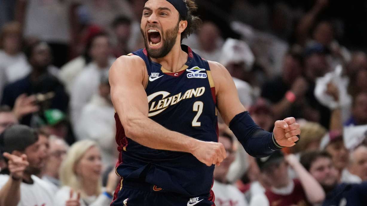 Cleveland Cavaliers guard Max Strus (2) celebrates a turnover by the Detroit Pistons in the first half of Game 3 of a second-round NBA playoffs basketball series Saturday, May 9, 2026 in Cleveland.
