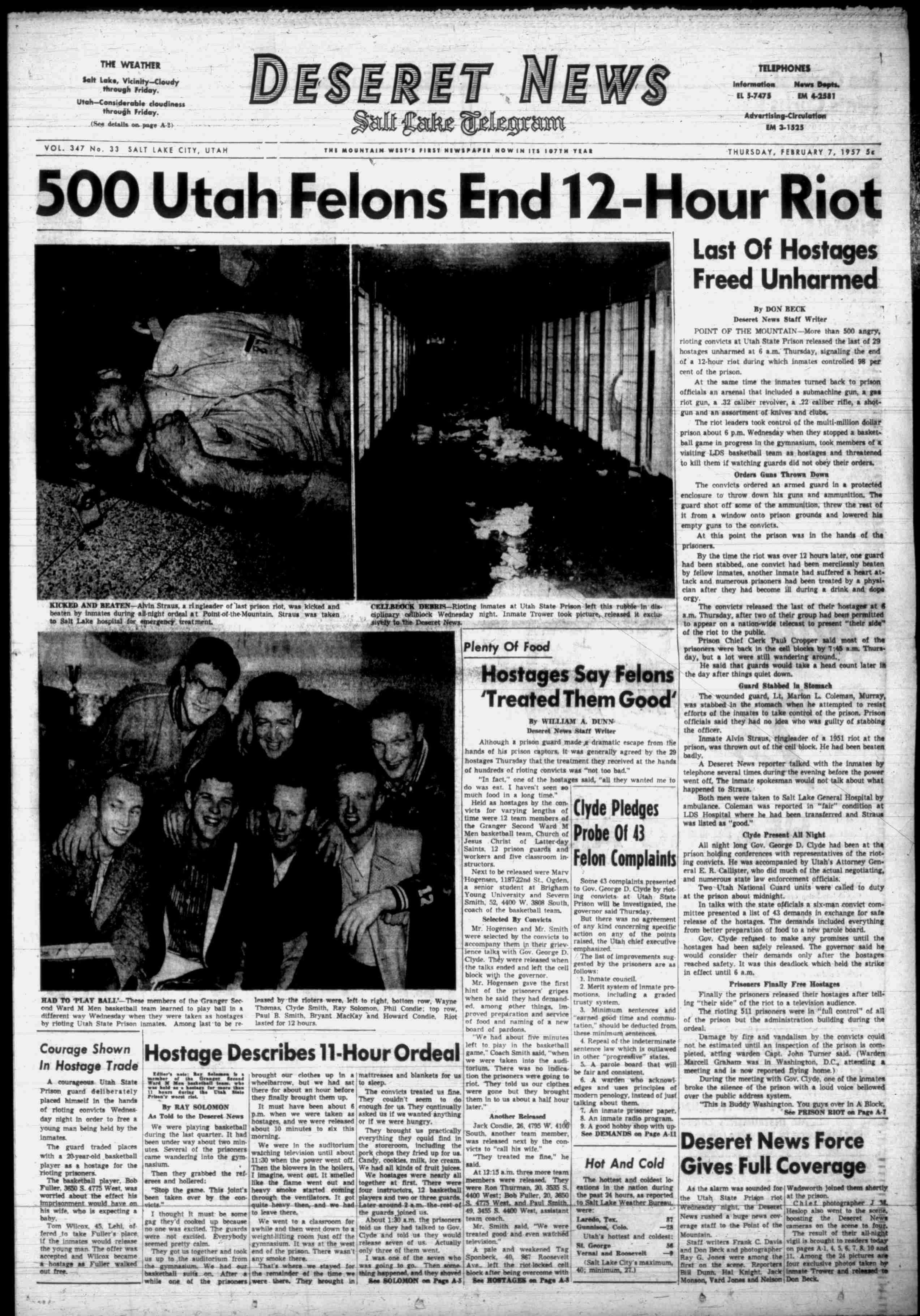 The front page of the Deseret News on Fab. 7, 1957, after a scheduled basketball game between a local Latter-day Saint ward and some inmates at the Utah State Prison became a major prison riot.