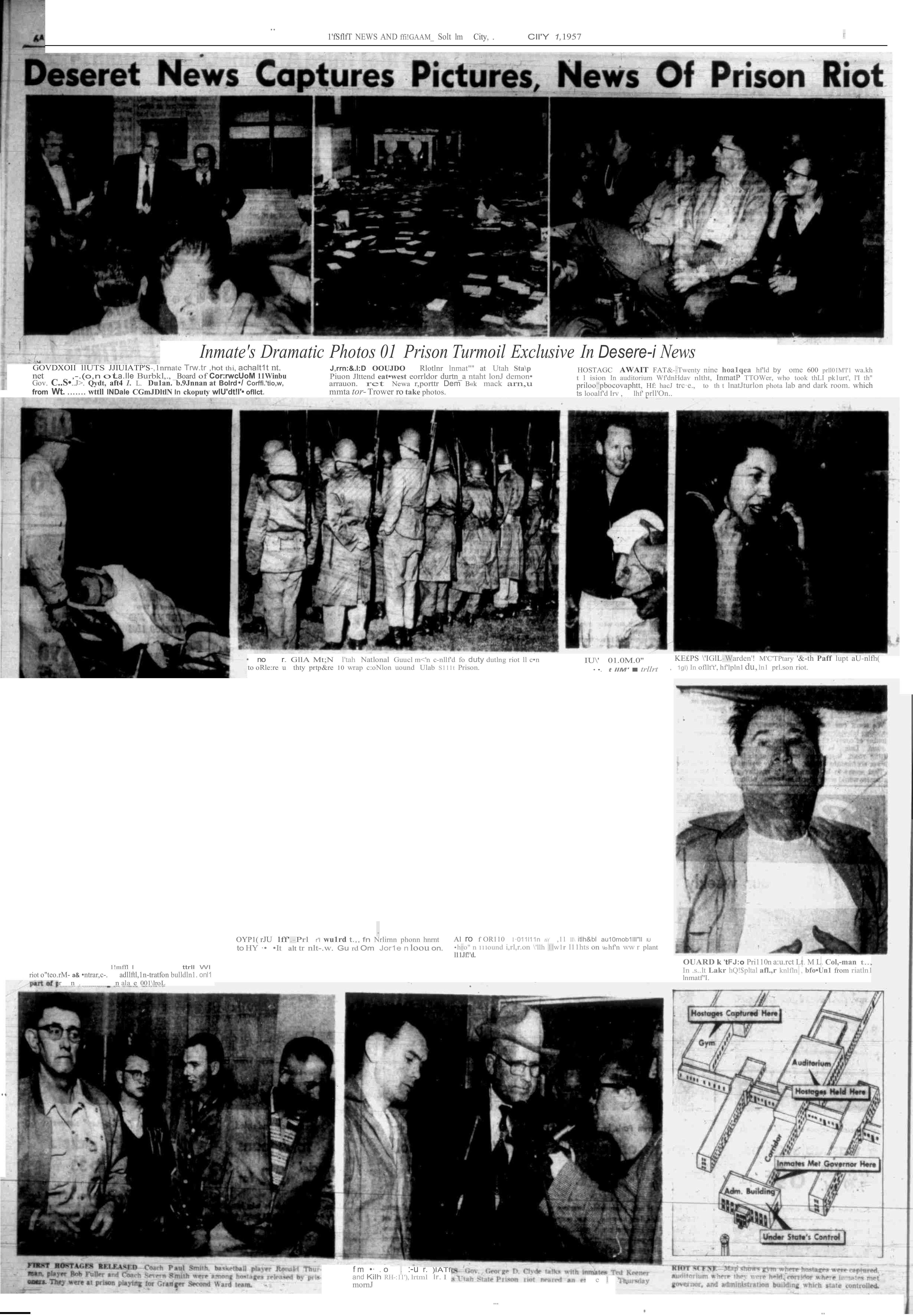 The page of the Deseret News on Fab. 7, 1957, after a scheduled basketball game between a local Latter-day Saint ward and some inmates at the Utah State Prison became a major prison riot.