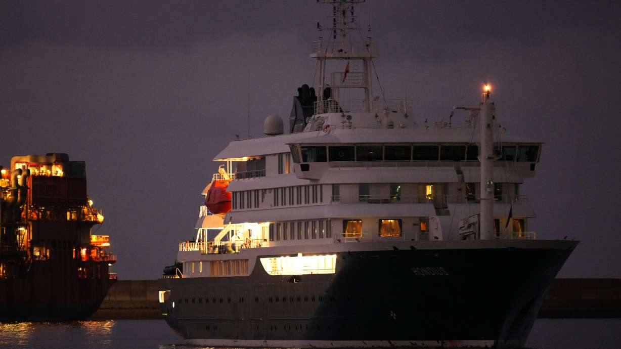 The hantavirus-stricken cruise ship MV Hondius is seen at anchor after arriving at the port of Granadilla in Tenerife, Canary Islands, Spain, Sunday.